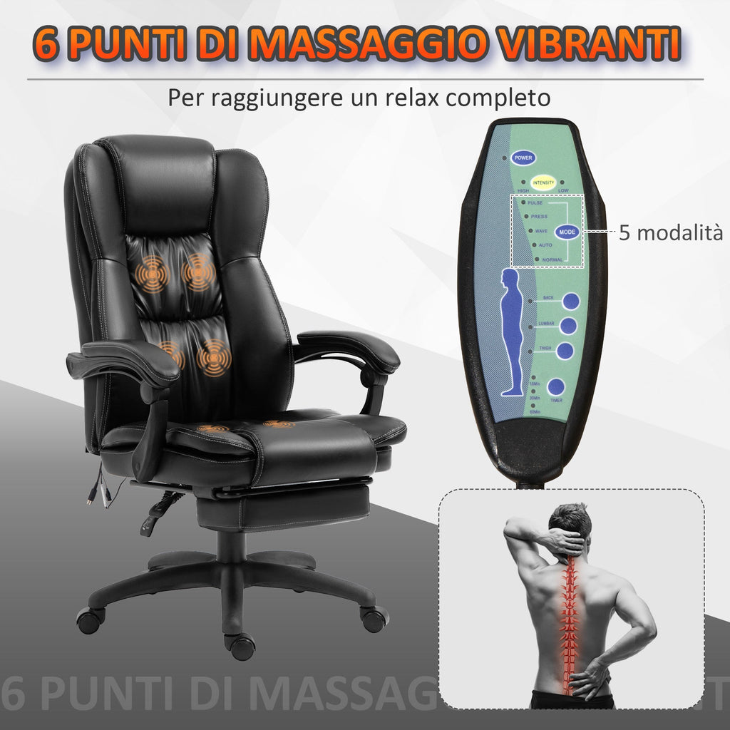 EasyComfort Sedia da Ufficio ad Altezza Regolabile con 6 Punti Massaggianti, in Finta Pelle, 68.5x68.5x113-121 cm, Nera