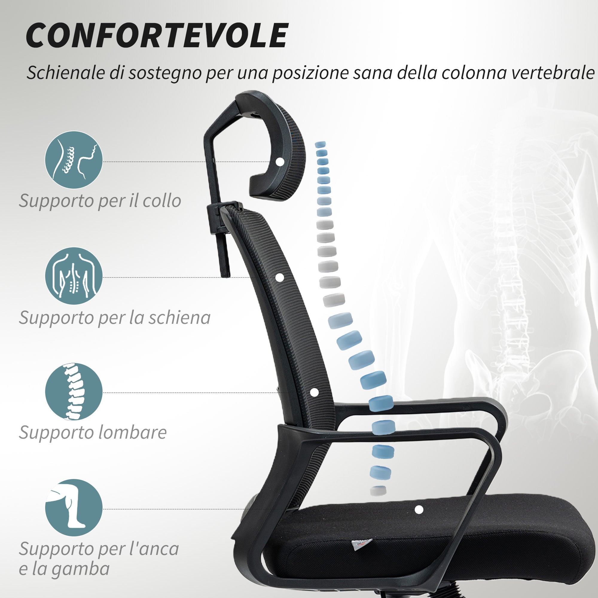 EasyComfort Sedia ergonomische bureaustoel met hoofdsteun, kantel- en wielen, zwart