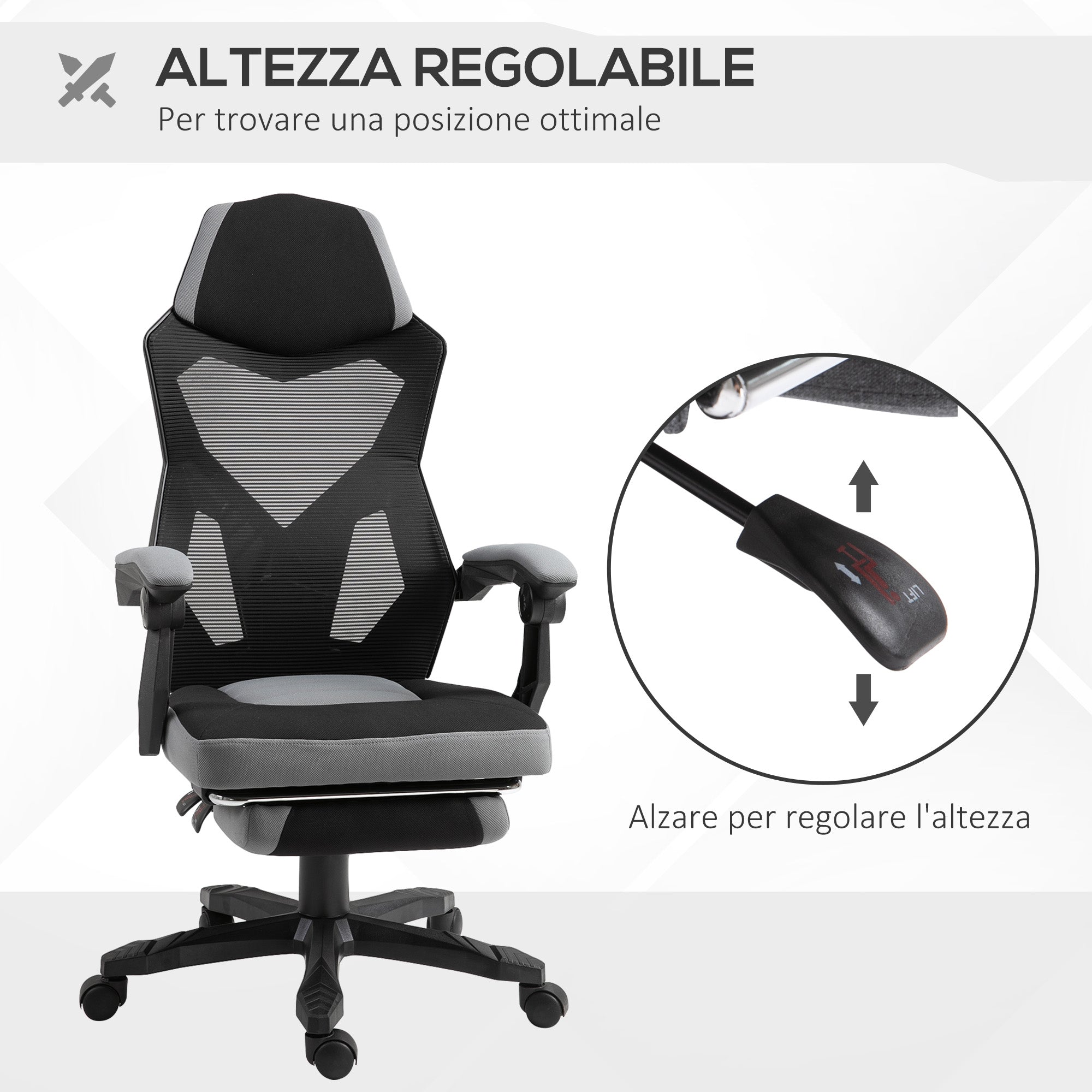 EasyComfort Sedia da Ufficio Ergonomica con Schienale Reclinabile, Poggiapiedi Retrattile, Altezza Regolabile, Grigio