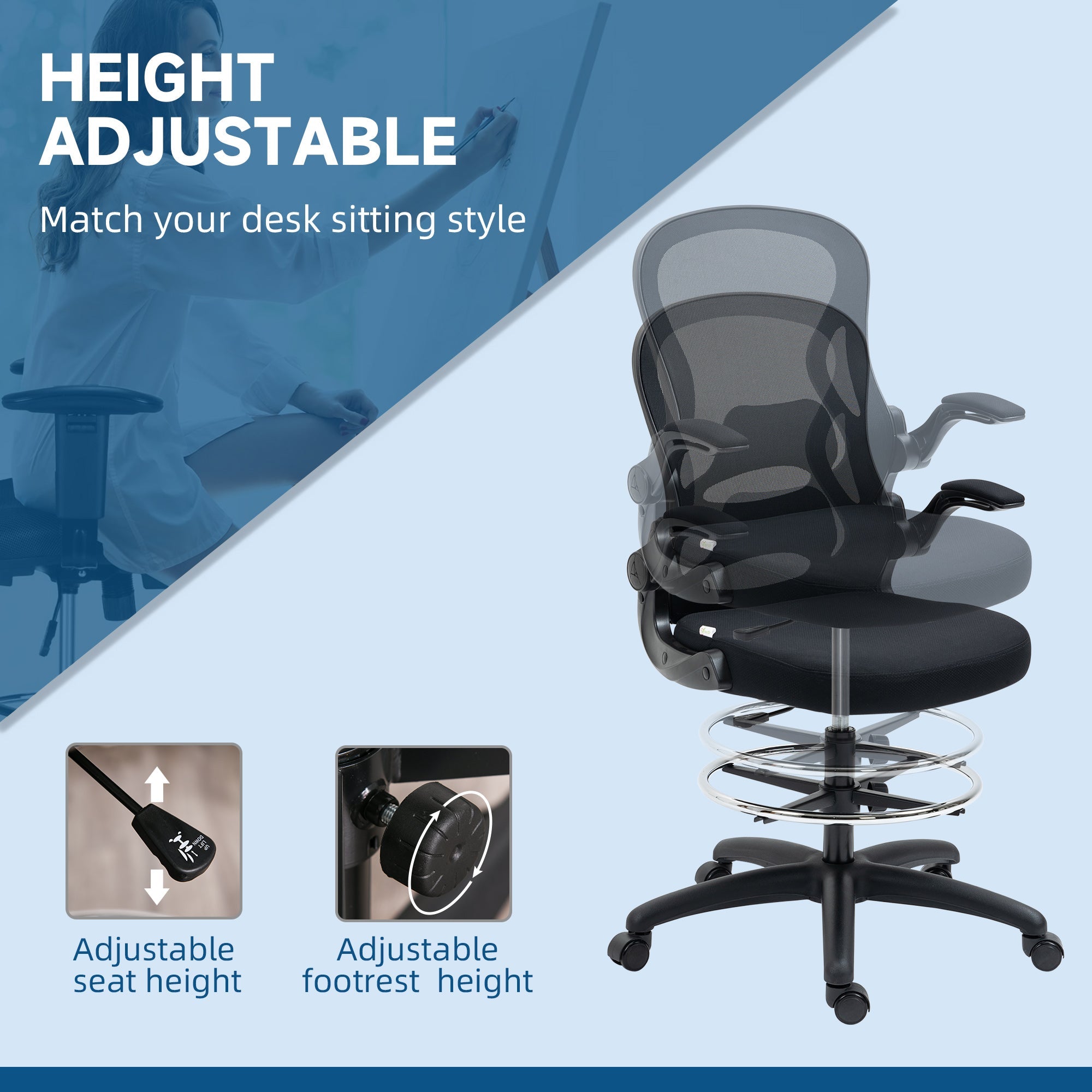 EasyComfort Sedia da Ufficio Ergonomica in Tessuto with Altezza Regolabile Poltrona moderno with Braccioli Ribaltabili, Bianca e Nera