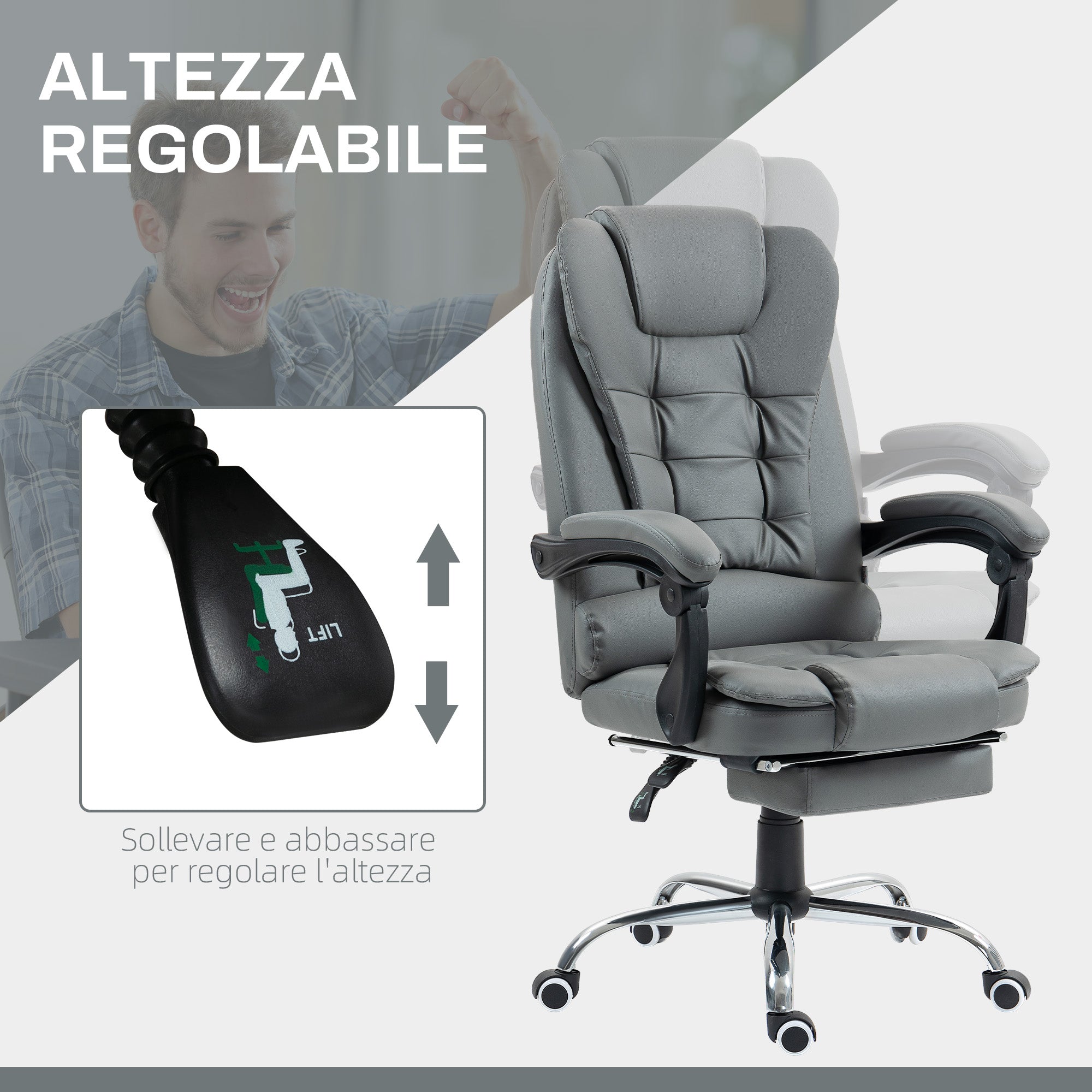 EasyComfort Sedia da Ufficio Ergonomica Reclinabile a 145° con Poggiapiedi Estraibile in Finta Pelle, Grigio