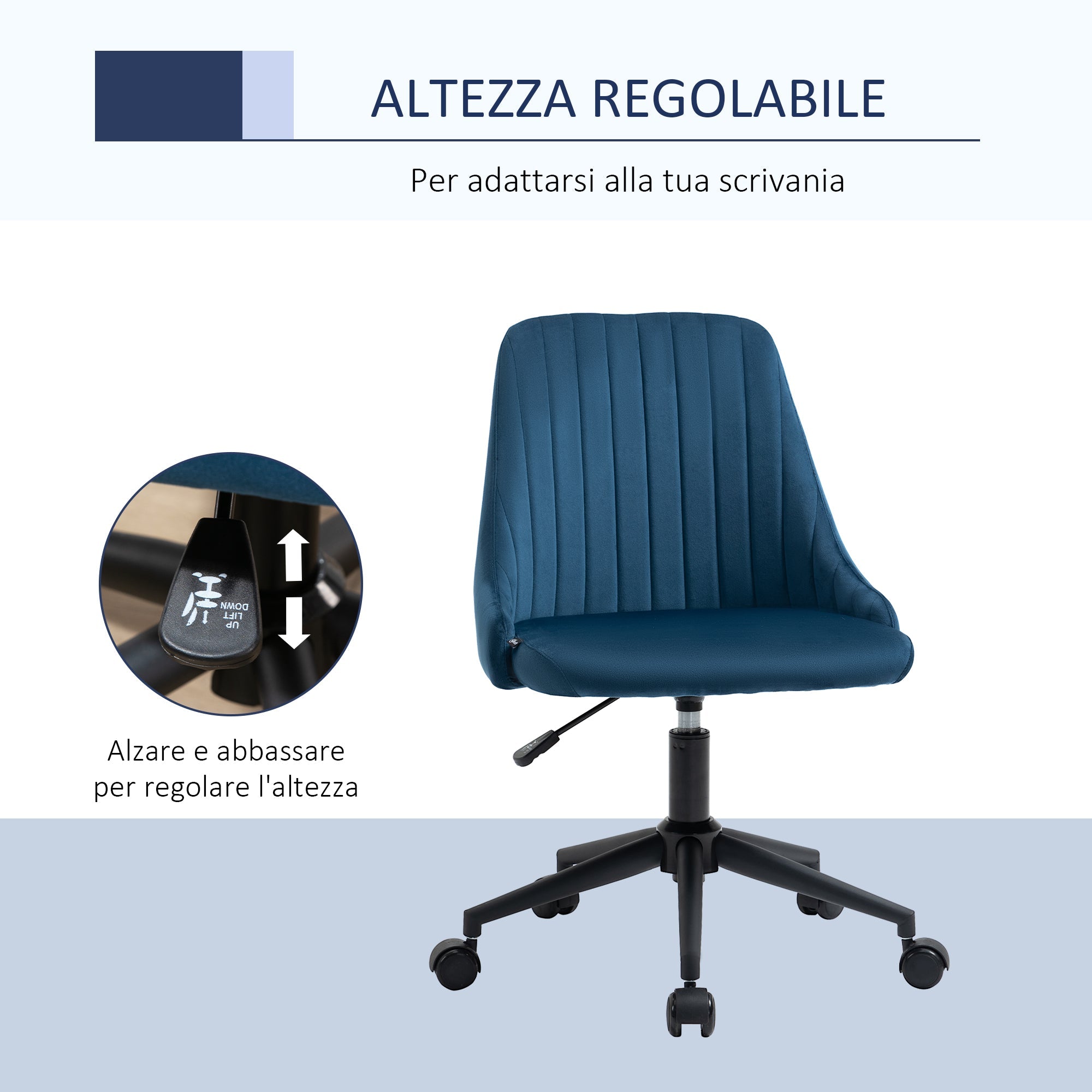 Easycomfort Sedia da Ufficio in Velluto Blu with Altezza Regolabile, Sedia Ergonomica Girevole a 360° e Ruote, 50x58x77-87cm