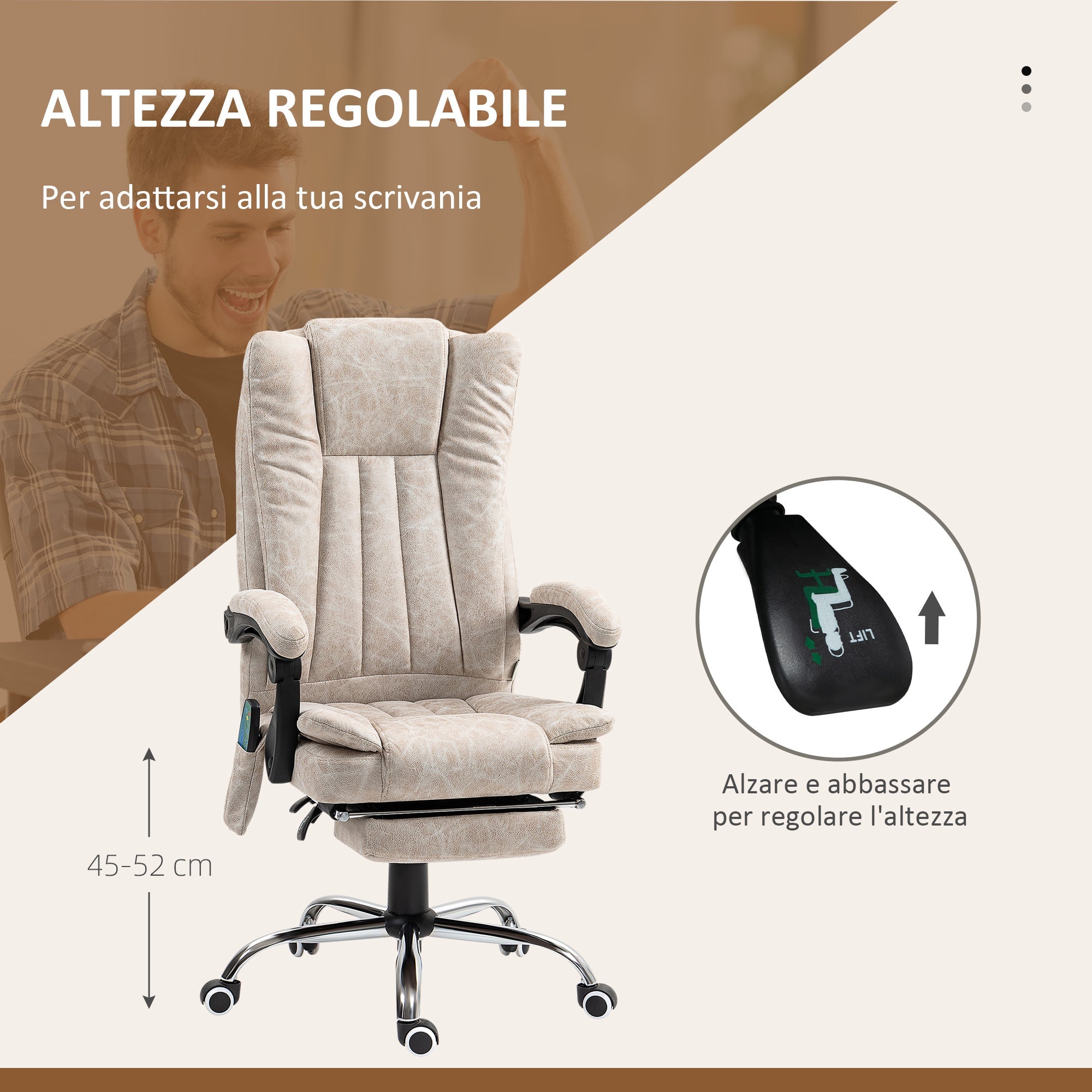 EasyComfort massage- en verwarmde bureaustoel met voetensteun, microvezel, 62x70x113-120 cm