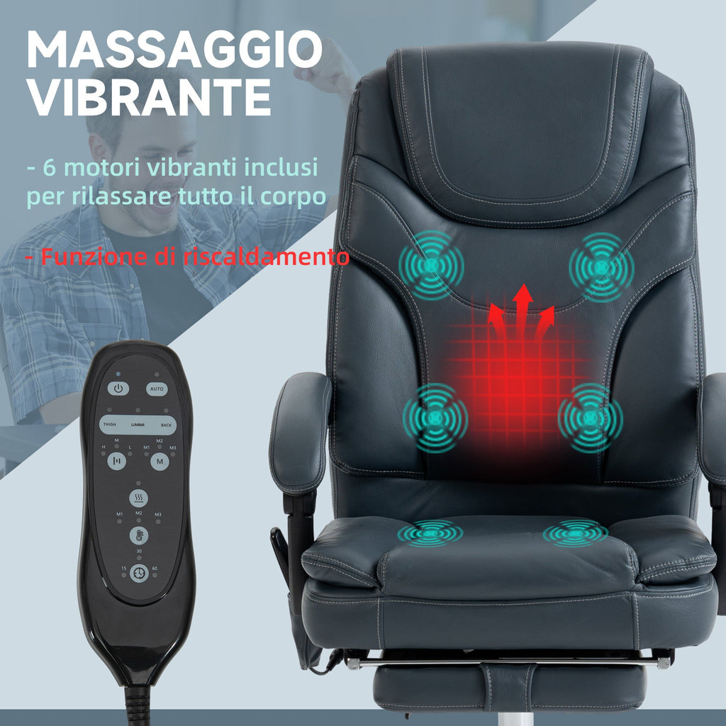 EasyComfort Sedia da Ufficio Massaggiante e Riscaldante with Poggiapiedi, in Pelle PU e Acciaio, 67x67x113-121 cm, Grigio