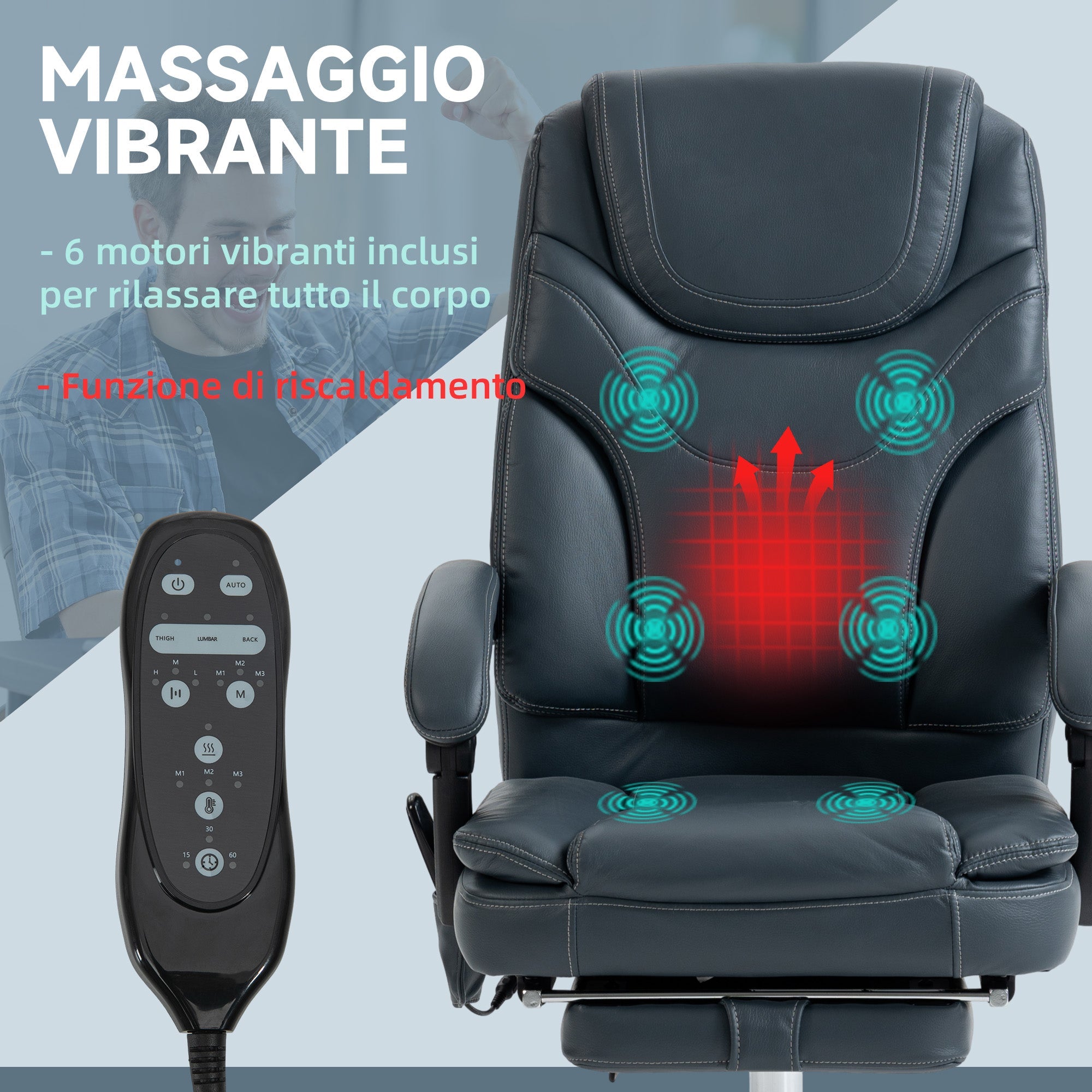 EasyComfort Sedia da Ufficio Massaggiante e Riscaldante with Poggiapiedi, in Pelle PU e Acciaio, 67x67x113-121 cm, Grigio