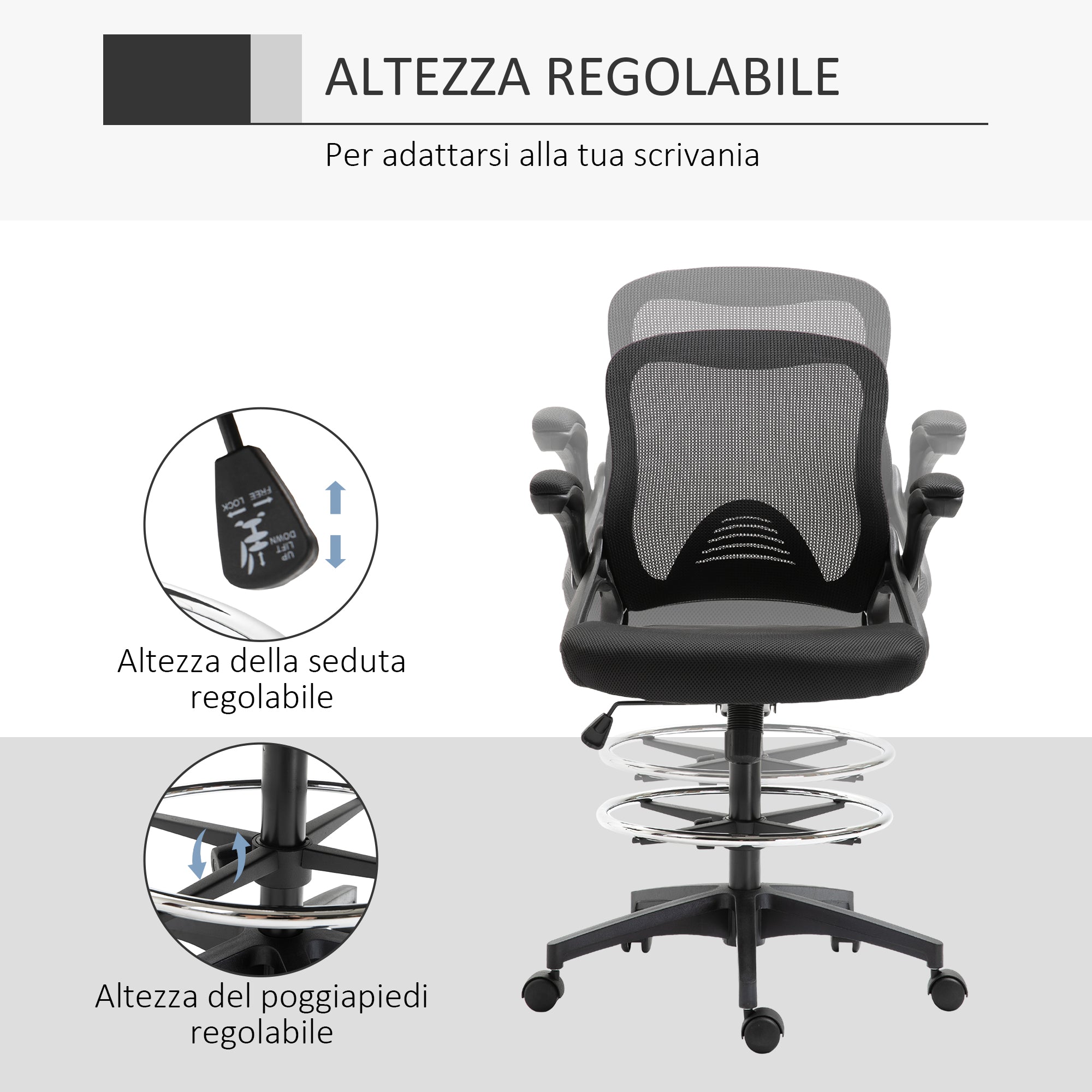 EasyComfort bureaustoel, ademend, in hoogte verstelbaar, 64x60x106-126 cm, zwart