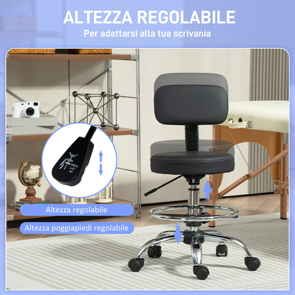 EasyComfort Sedia Girevole ad Altezza Regolabile con Poggiapiedi, in Acciaio, Finta Pelle e Gommapiuma, 52x52x78-92 cm, Nero