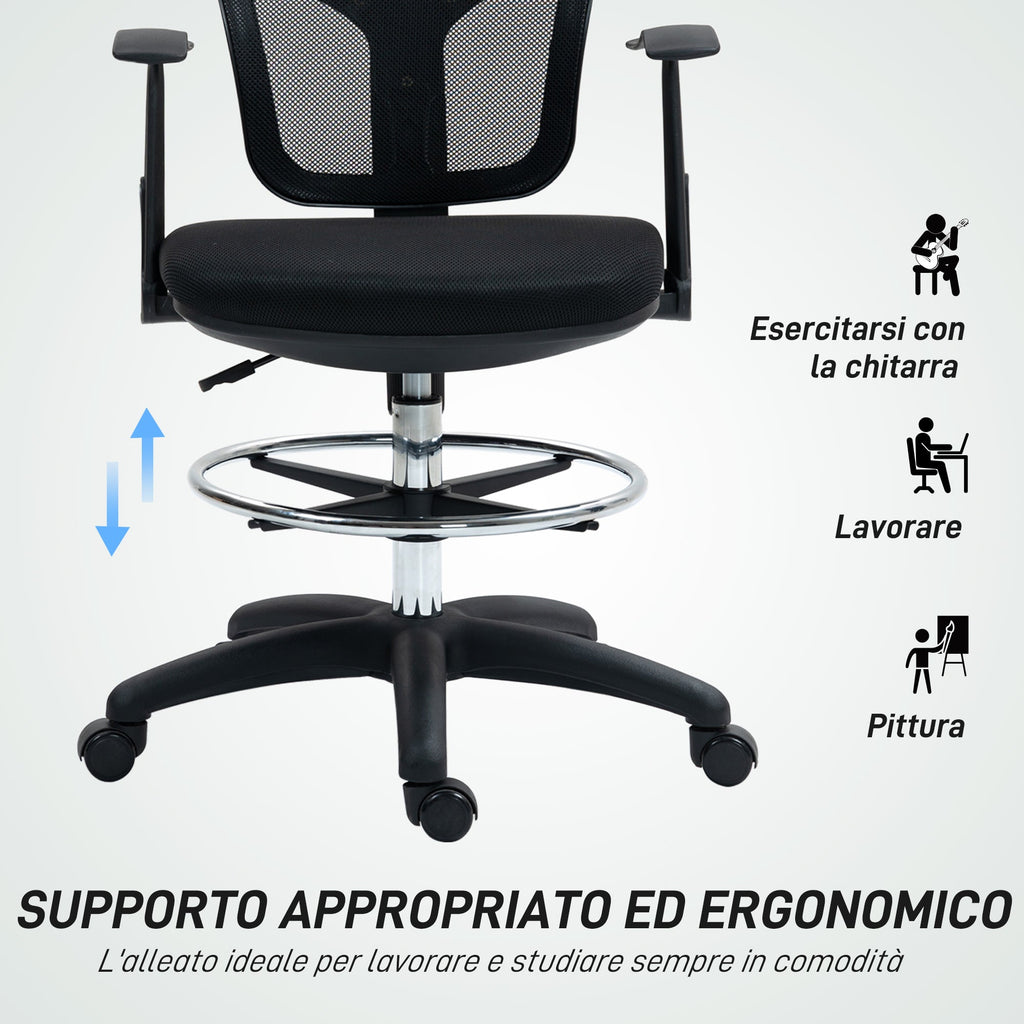 EasyComfort Sedia Girevole con Anello Poggiapiedi e Schienale Ricurvo, in Poliestere, Schiuma e Plastica, 55x58x94 cm, Nero