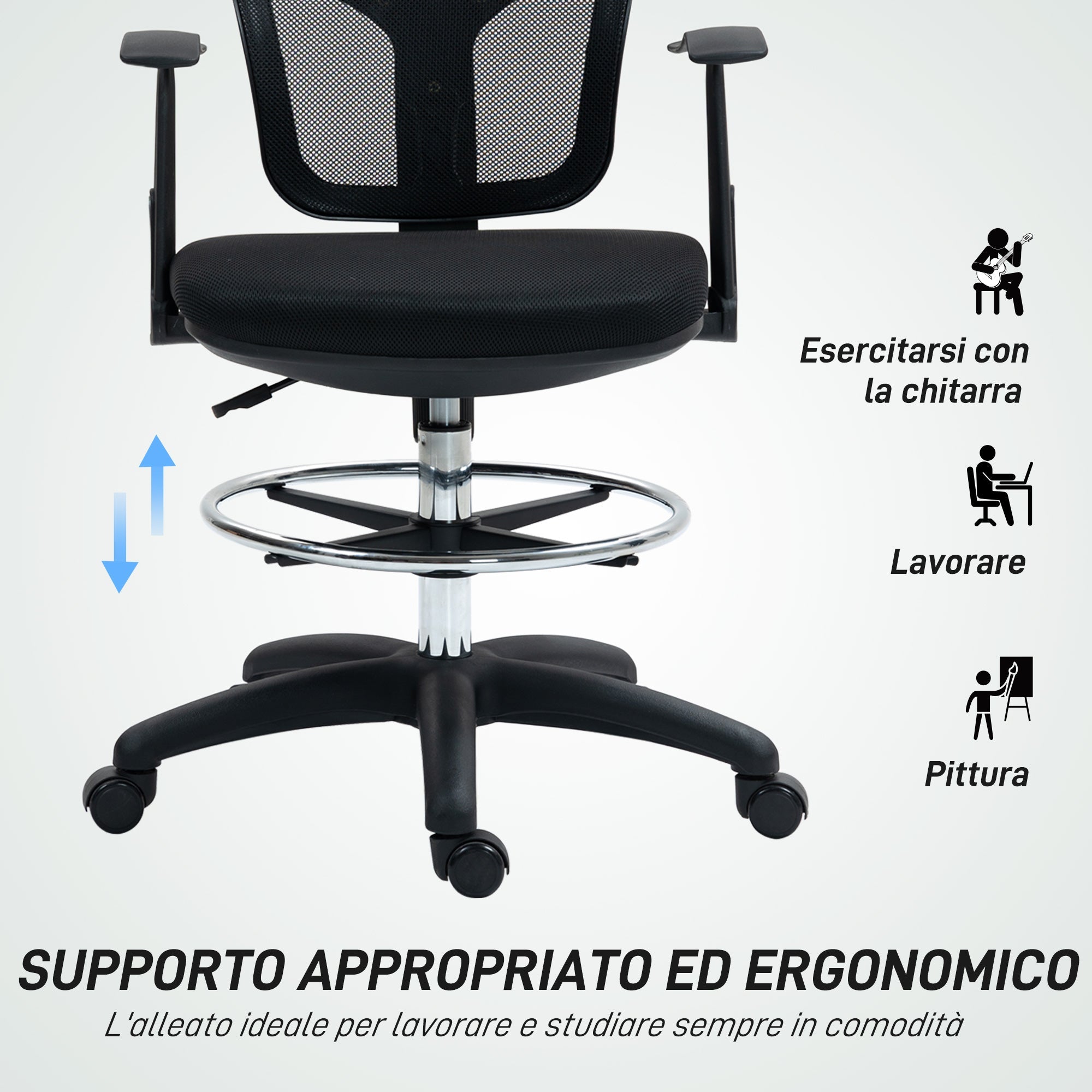 EasyComfort Sedia Girevole con Anello Poggiapiedi e Schienale Ricurvo, in Poliestere, Schiuma e Plastica, 55x58x94 cm, Nero