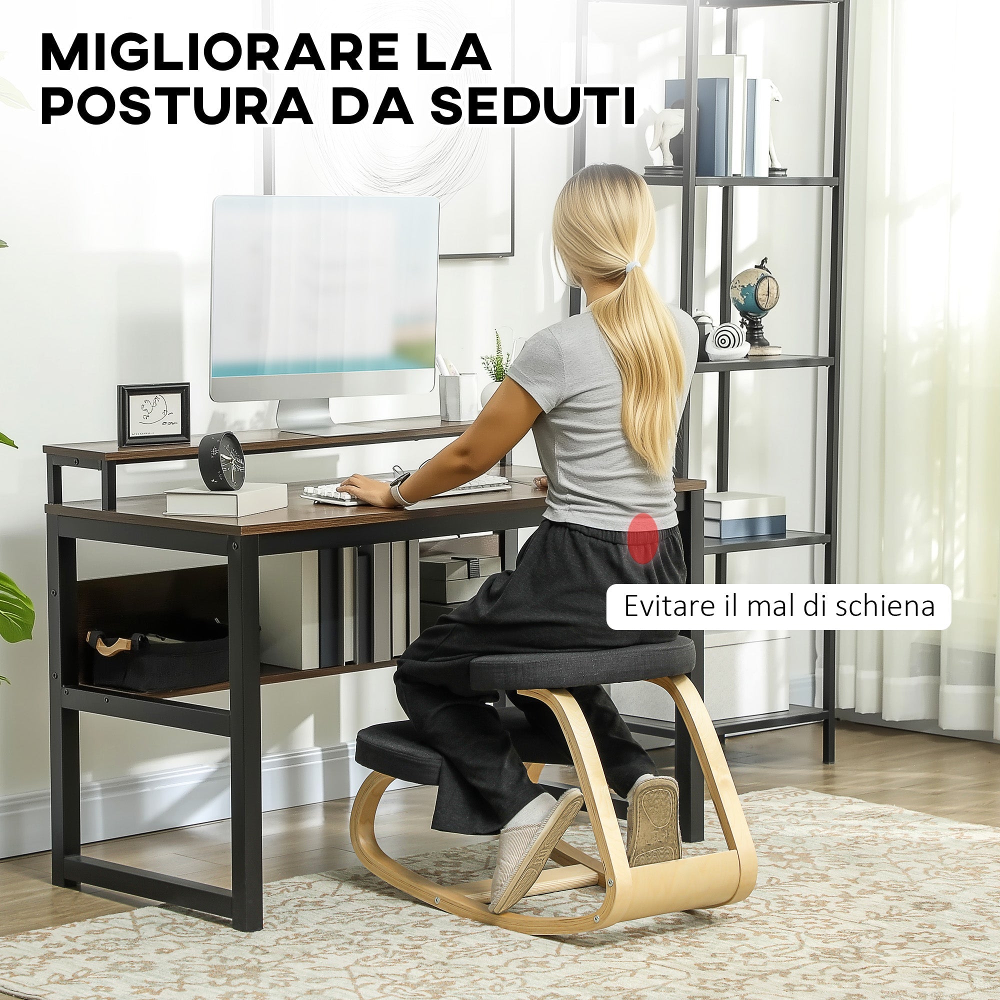 EasyComfort Sedia Inginocchiatoio knielstoel met schommelfunctie, linnenlook, berkenhout, 50x73x55 cm, zwart