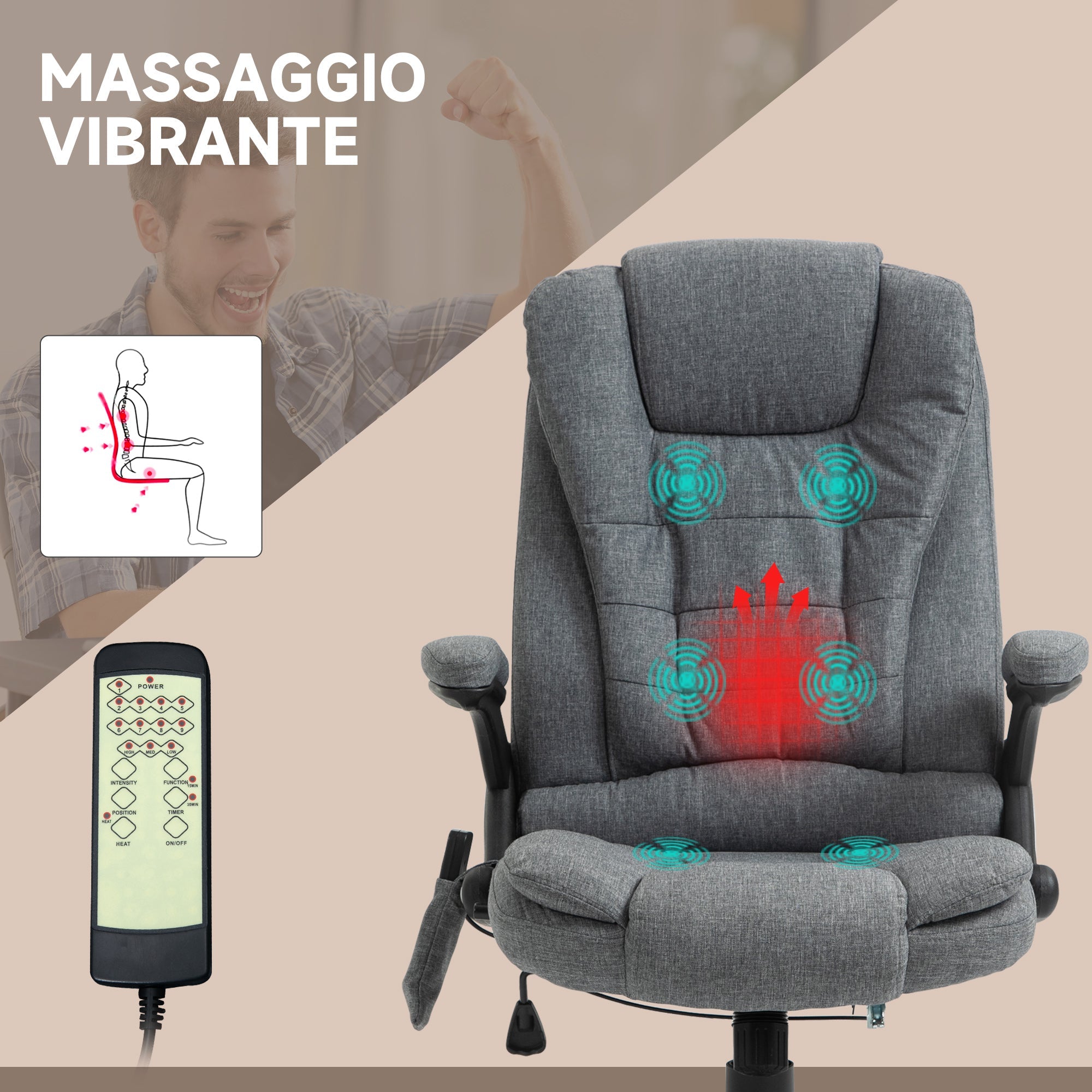 Easycomfort Sedia Massaggiante da Ufficio e Casa, Poltrona da Ufficio Con 6 Punti di Massaggio e Funzione di Riscaldamento e Regolabile in Altezza, Grigia