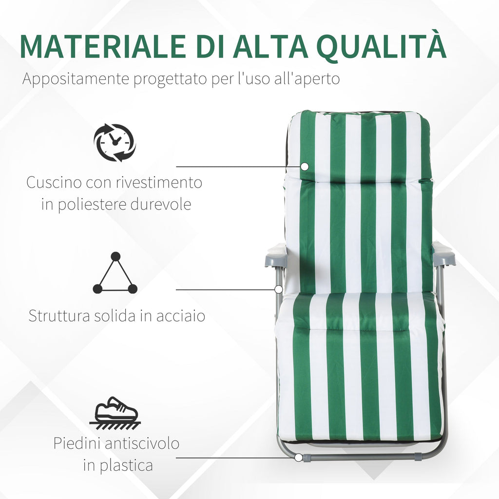 EASYCOMFORT 2-Piece Folding and Reclining Beach Deck Chair, Garden Sun Loungers with Padded Cushion, Green and White