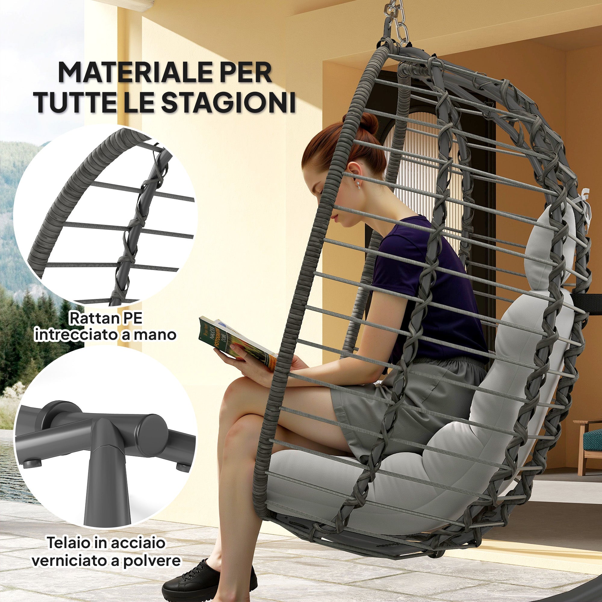 EasyComfort Sedia Sospesa in Rattan a Uovo con Cuscino e Poggiatesta, Altezza Regolabile e Seduta Richiudibile, Grigio