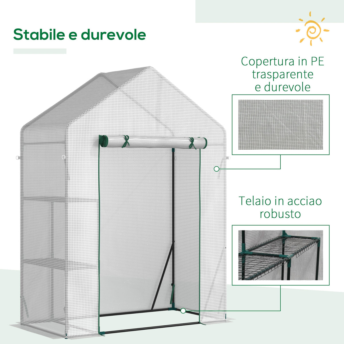 EasyComfort Tuinkas PE/staal met 2 schappen en oprolbare deur, 143x73x195 cm