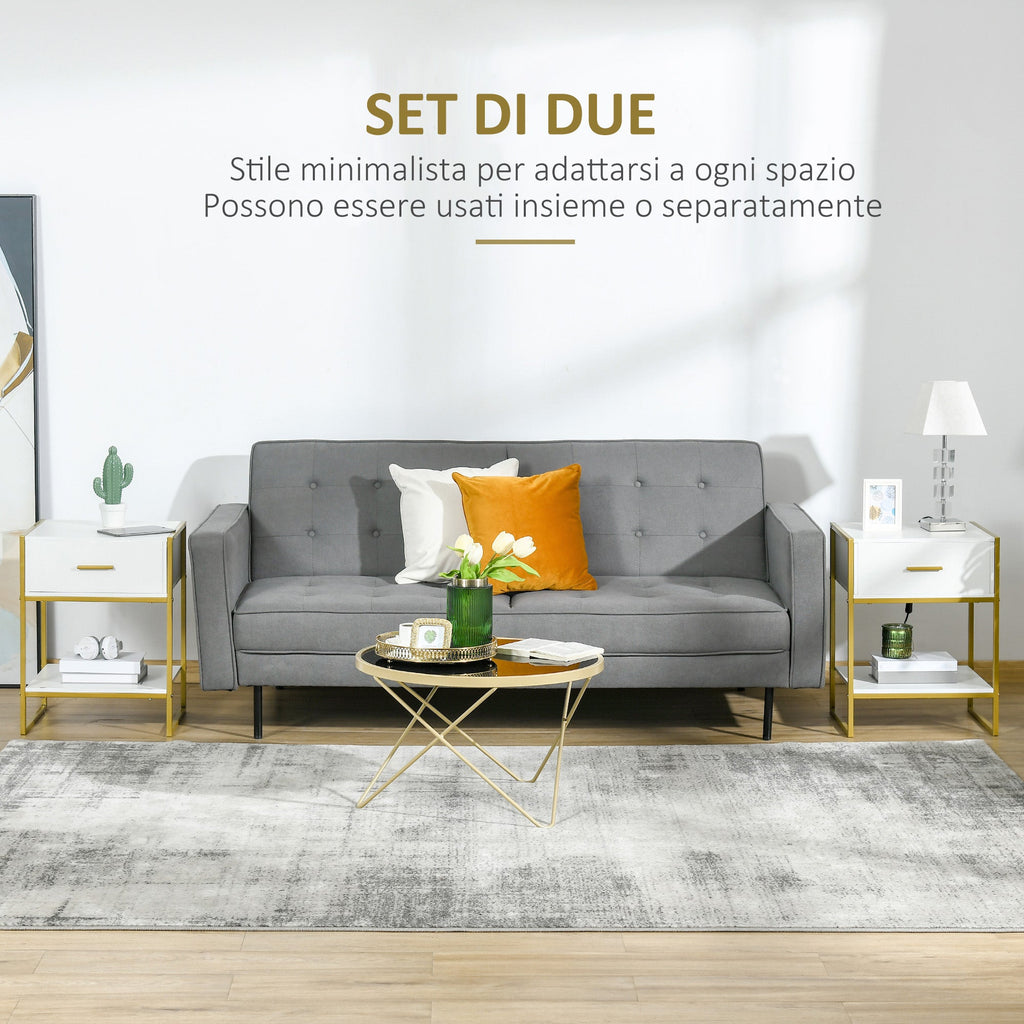 EasyComfort Set van 2 moderne nachtkastjes met lade en open plank, 45x40x60 cm, wit/goud