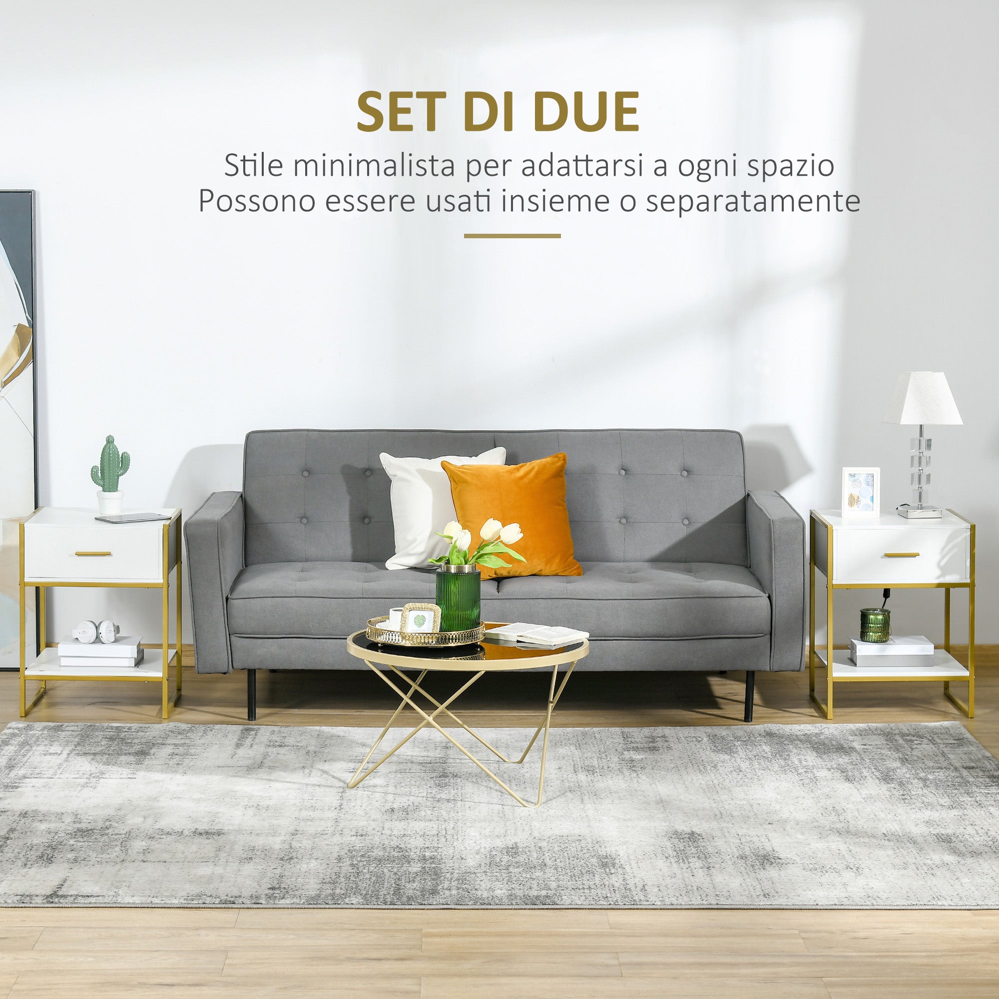 EasyComfort Set van 2 moderne nachtkastjes met lade en open plank, 45x40x60 cm, wit/goud