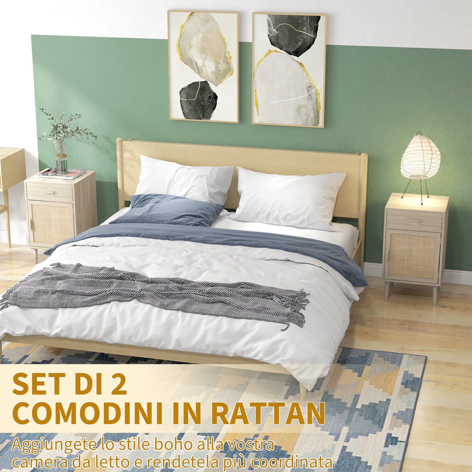 EasyComfort Set van 2 nachtkastjes met lade en rattan, houtkleur
