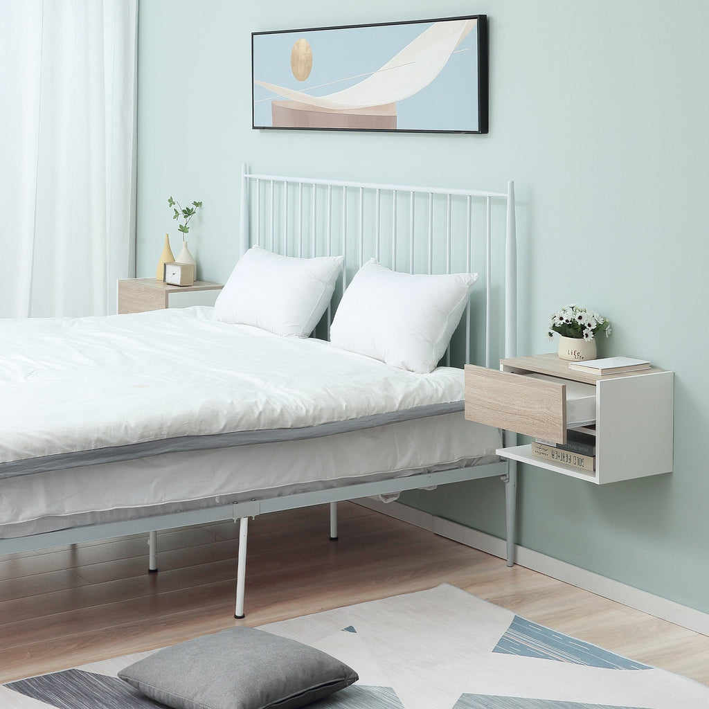 EasyComfort set van 2 zwevende nachtkastjes met lade en plank – wit en eiken