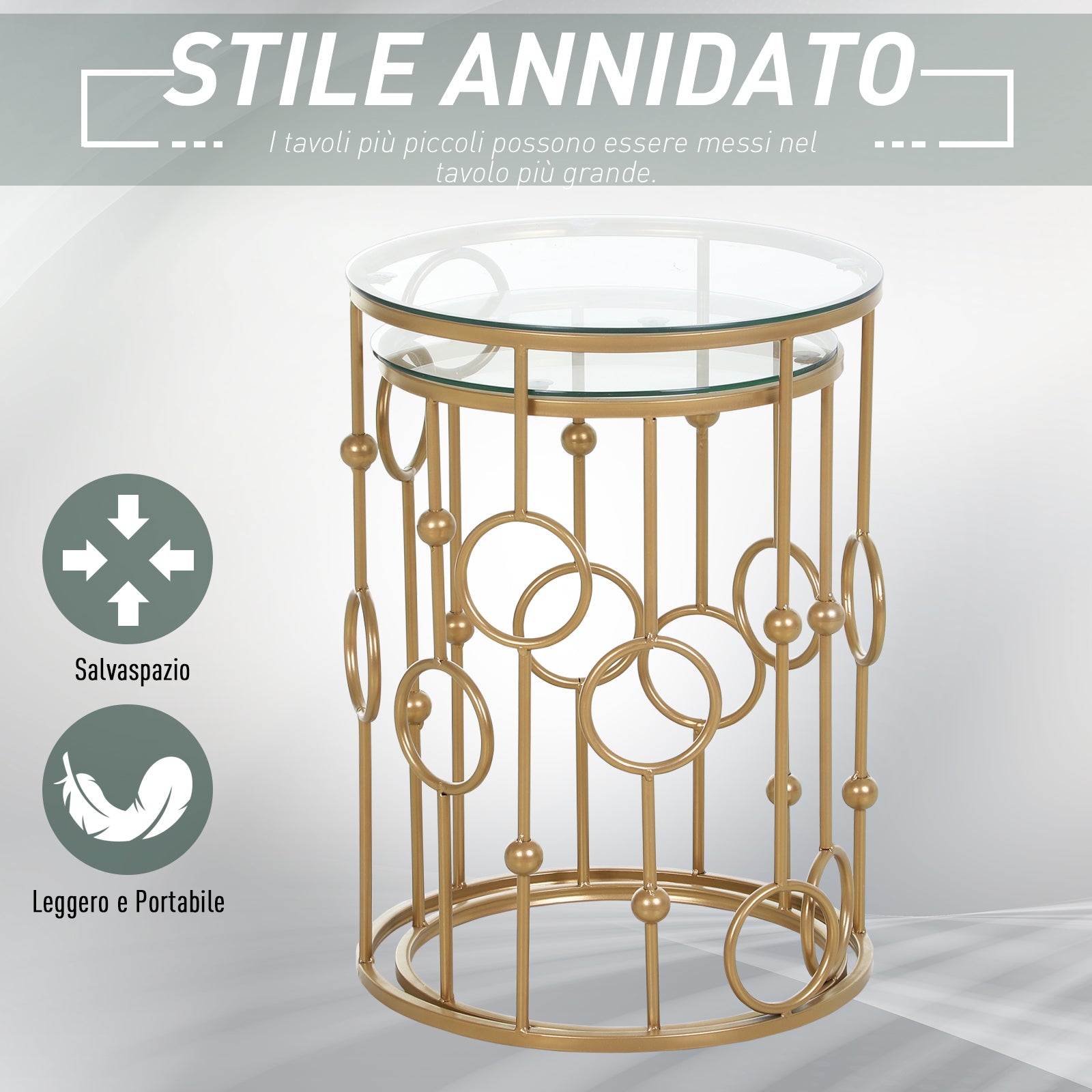 Easycomfort Set 2 Pezzi Tavolini da Caffè Design Elegante with Motivi a Cerchio, Metallo e Vetro Temperato Φ41x57cm & Φ36x51cm, Oro