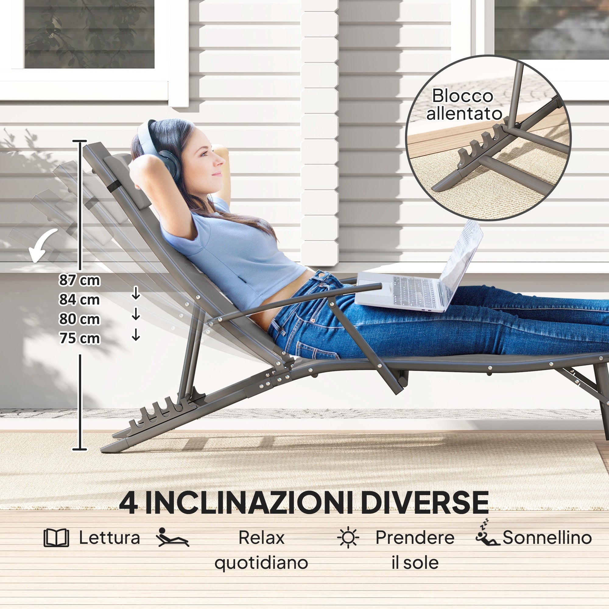 EasyComfort Set 2 inklapbare tuinligstoelen, 4-standen rugleuning, grijs