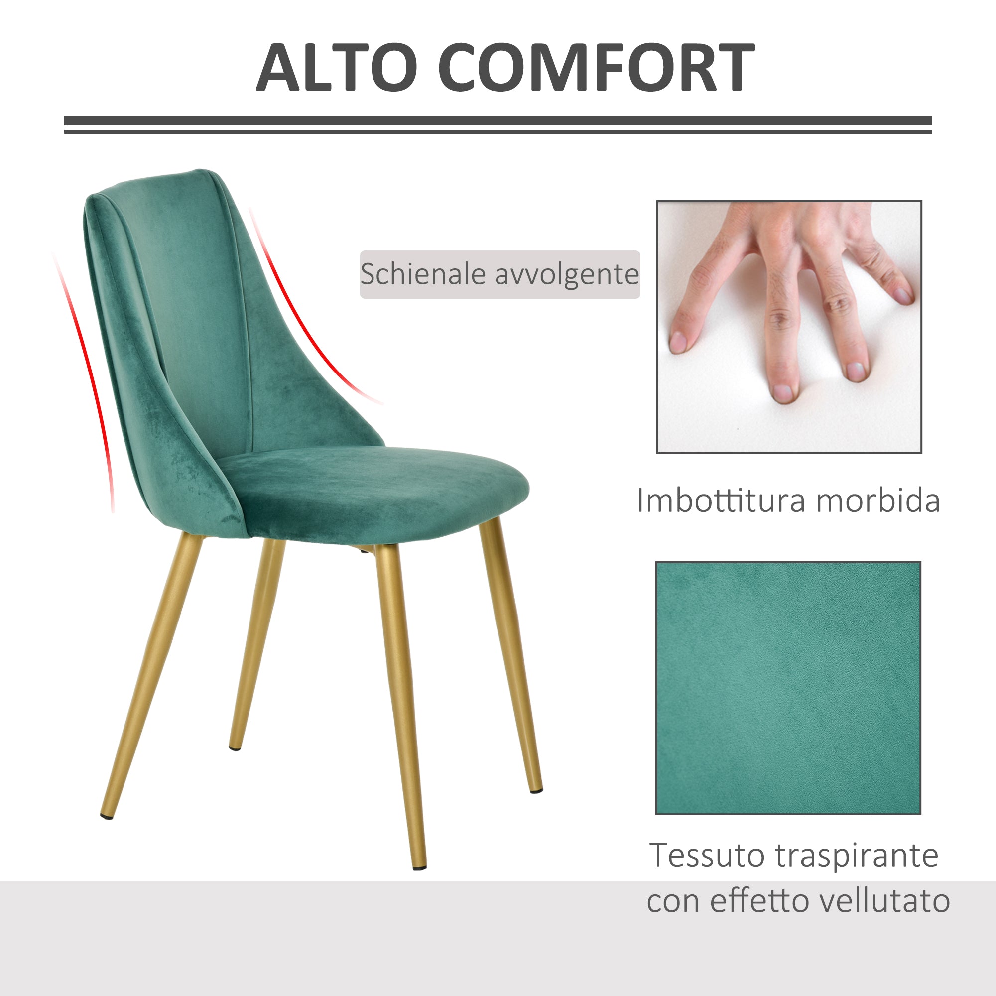 EasyComfort Set 2 Sedie da Pranzo Moderne e Imbottite da Salotto, per Soggiorno e Cucina, schienali ergonomici e gambe in legno, Verde