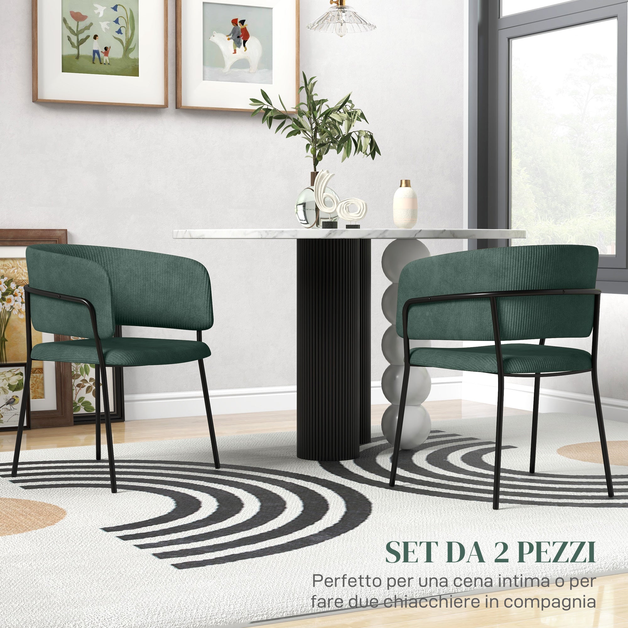 EasyComfort Set 2 Sedie per Cucina Imbottite, in Tessuto Effetto Velluto e Acciaio, 57x53x73 cm, Verde