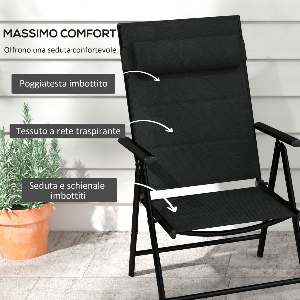 EasyComfort Set 2 Sedie Pieghevoli with Schienale Reclinabile e Poggiatesta, in Alluminio e Poliestere, 54x67x108 cm, black