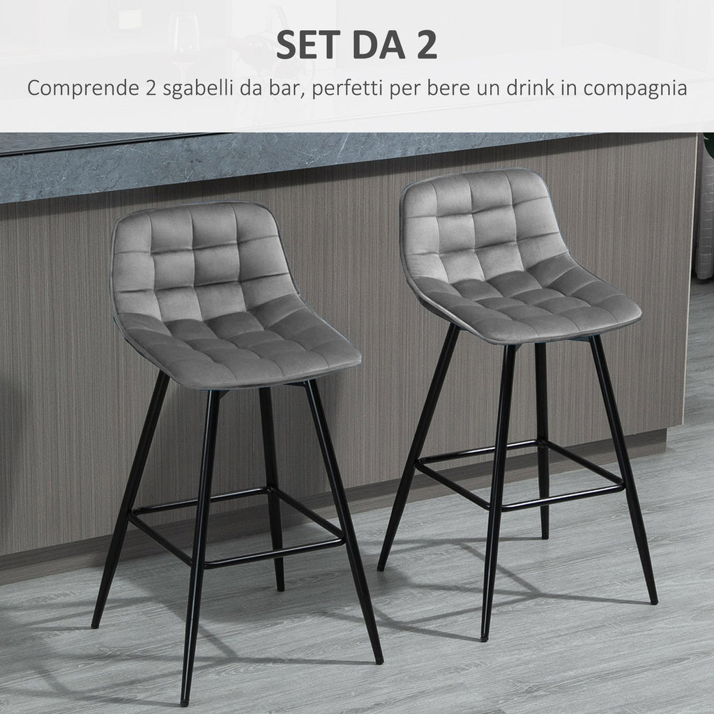 EasyComfort Set 2 Sgabelli Alti da Bar with Sedie Imbottite e Poggiapiedi Stile Nordico, with schienale in Velluto, 45x47x88cm, Grigio