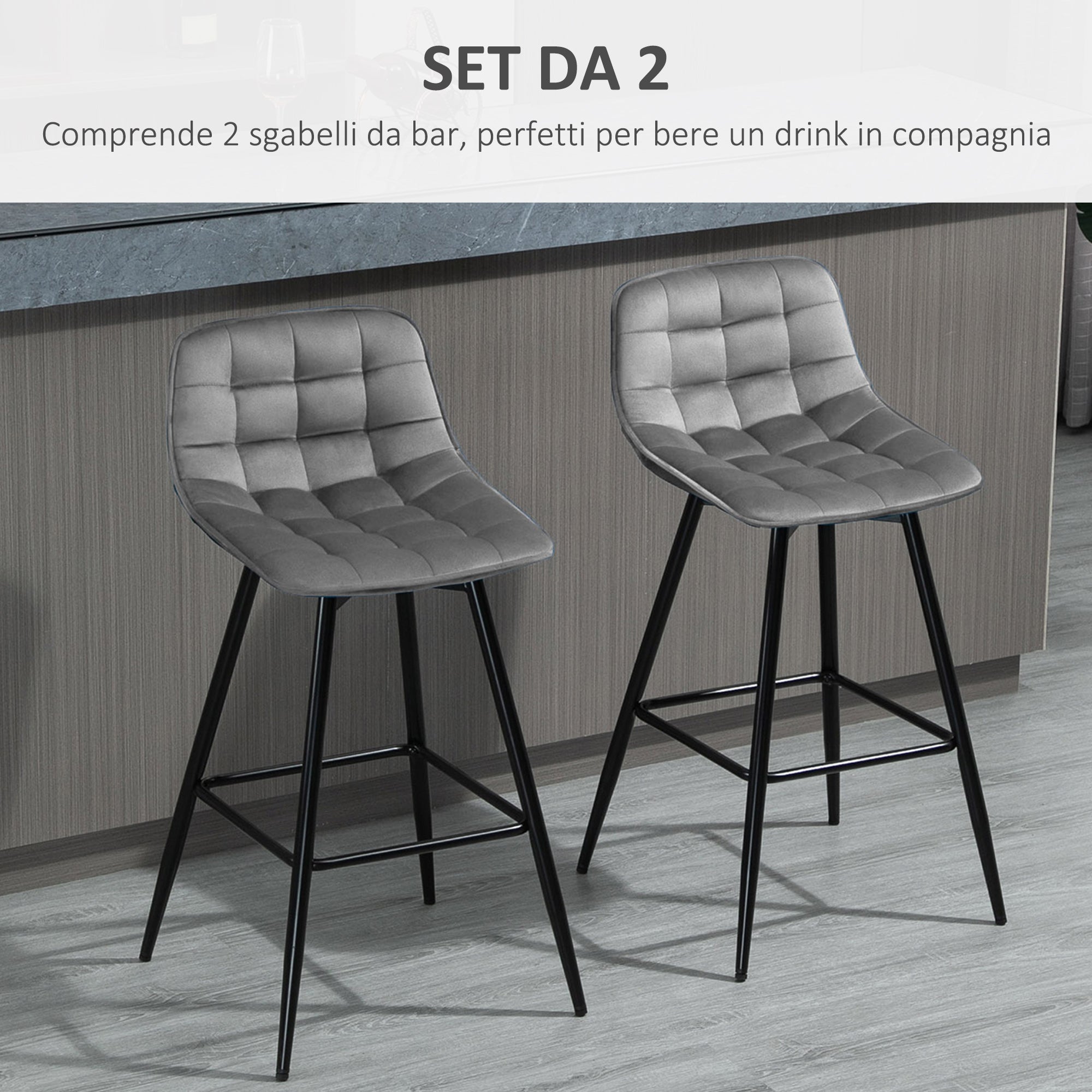 EasyComfort Set 2 Sgabelli Alti da Bar with Sedie Imbottite e Poggiapiedi Stile Nordico, with schienale in Velluto, 45x47x88cm, Grigio