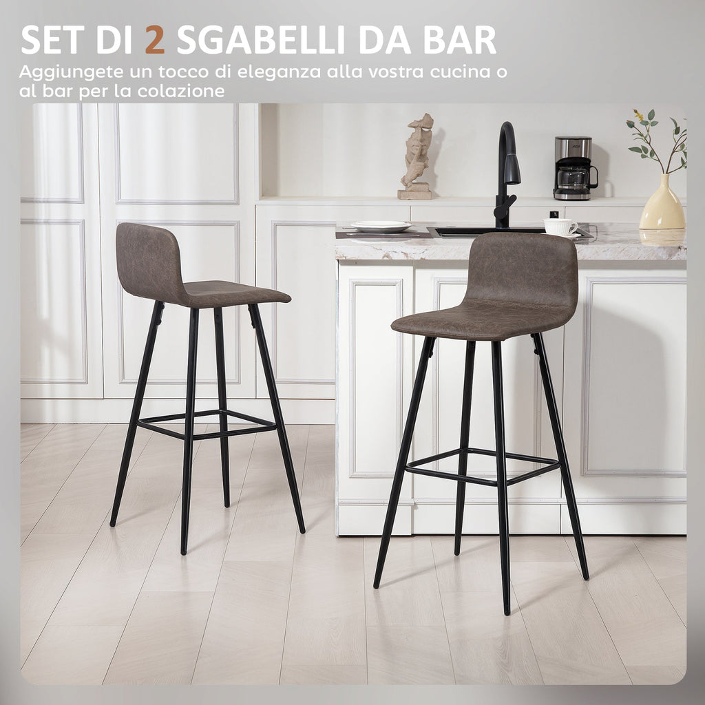 EasyComfort Set 2 Sgabelli Bar with Schienale Basso e Poggiapiedi, Rivestimento in PU e Gambe in Acciaio, Marrone Scuro