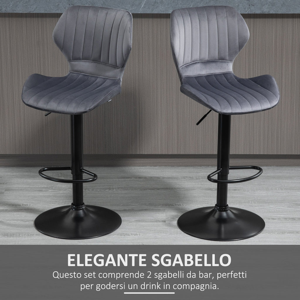 Easycomfort Set 2 Sgabelli da Bar ad Altezza Regolabile with Seduta Ergonomica e Poggiapiedi, Sgabelli Alti in Effetto Velluto e Metallo, 47x51.5x92-114 cm, Grigio