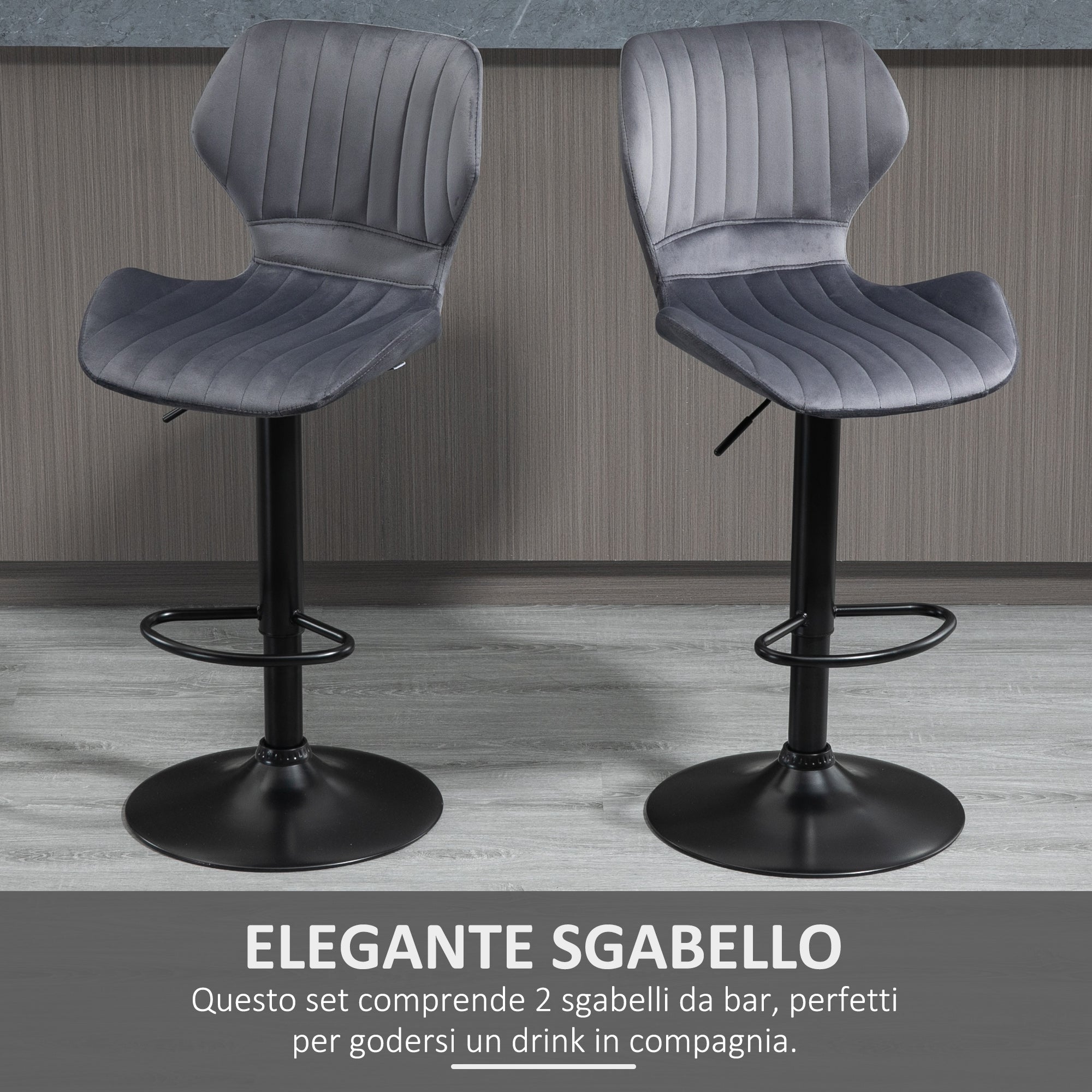 Easycomfort Set 2 Sgabelli da Bar ad Altezza Regolabile with Seduta Ergonomica e Poggiapiedi, Sgabelli Alti in Effetto Velluto e Metallo, 47x51.5x92-114 cm, Grigio