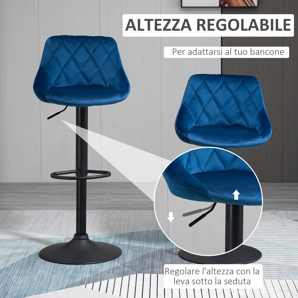 EasyComfort Set 2 Sgabelli Alti da Cucina e bar Moderno with Schienale e Poggiapiedi, Seduta girevole e regolabile, 46x48x83-104cm, Blu