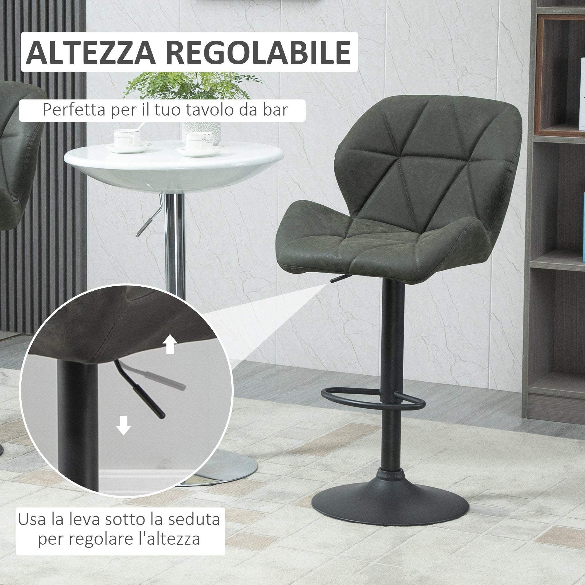 EasyComfort Set 2 Sgabelli Alti da Cucina Moderni with Schienale e Poggiapiedi, da Bar di Design with Base Rotonda, in Similpelle, Verde