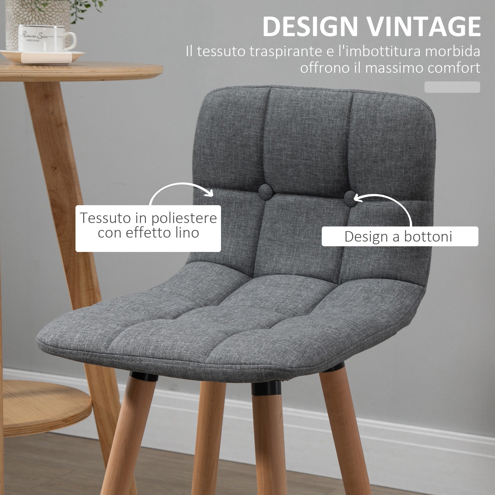 EasyComfort Set 2 Sgabelli Alti da Bar Moderno with Schienale e Poggiapiedi, Seduta Imbottita in Tessuto e Gambe in Legno, Grigio