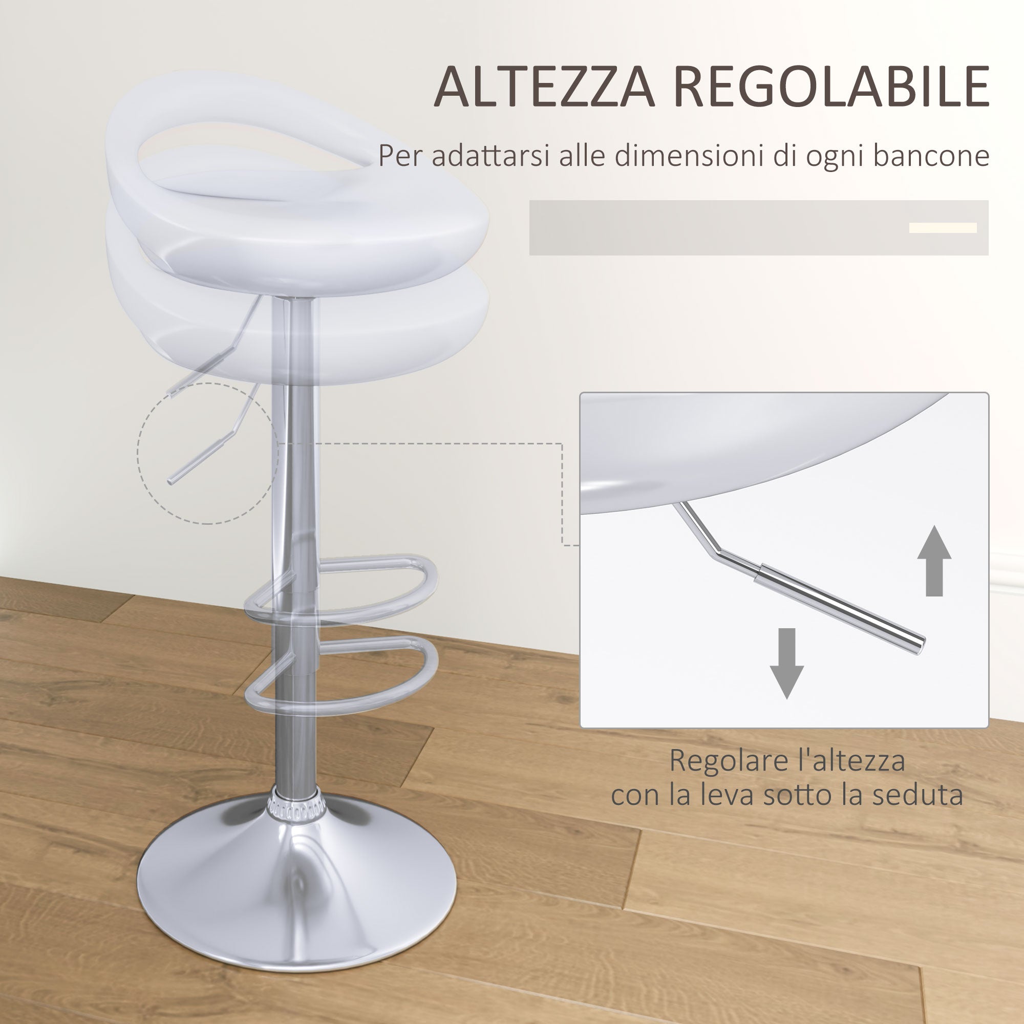 EasyComfort Set di 2 Sgabelli Alti Moderno da Bar Girevoli with Poggiapiedi, Seduta Regolabile in Acciaio, Struttura in metallo, white