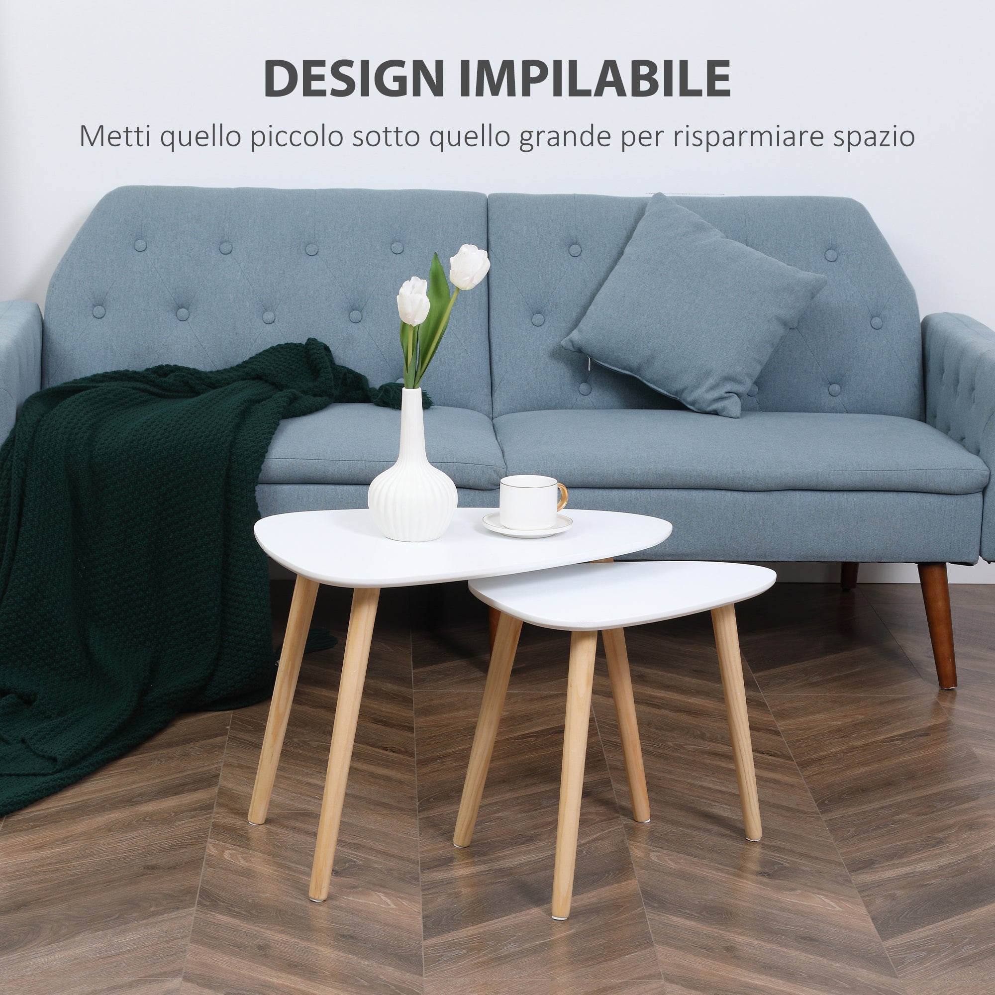 Easycomfort Set 2 Tavolini da Salotto Impilabili Stile Nordico with Gambe in Legno, white