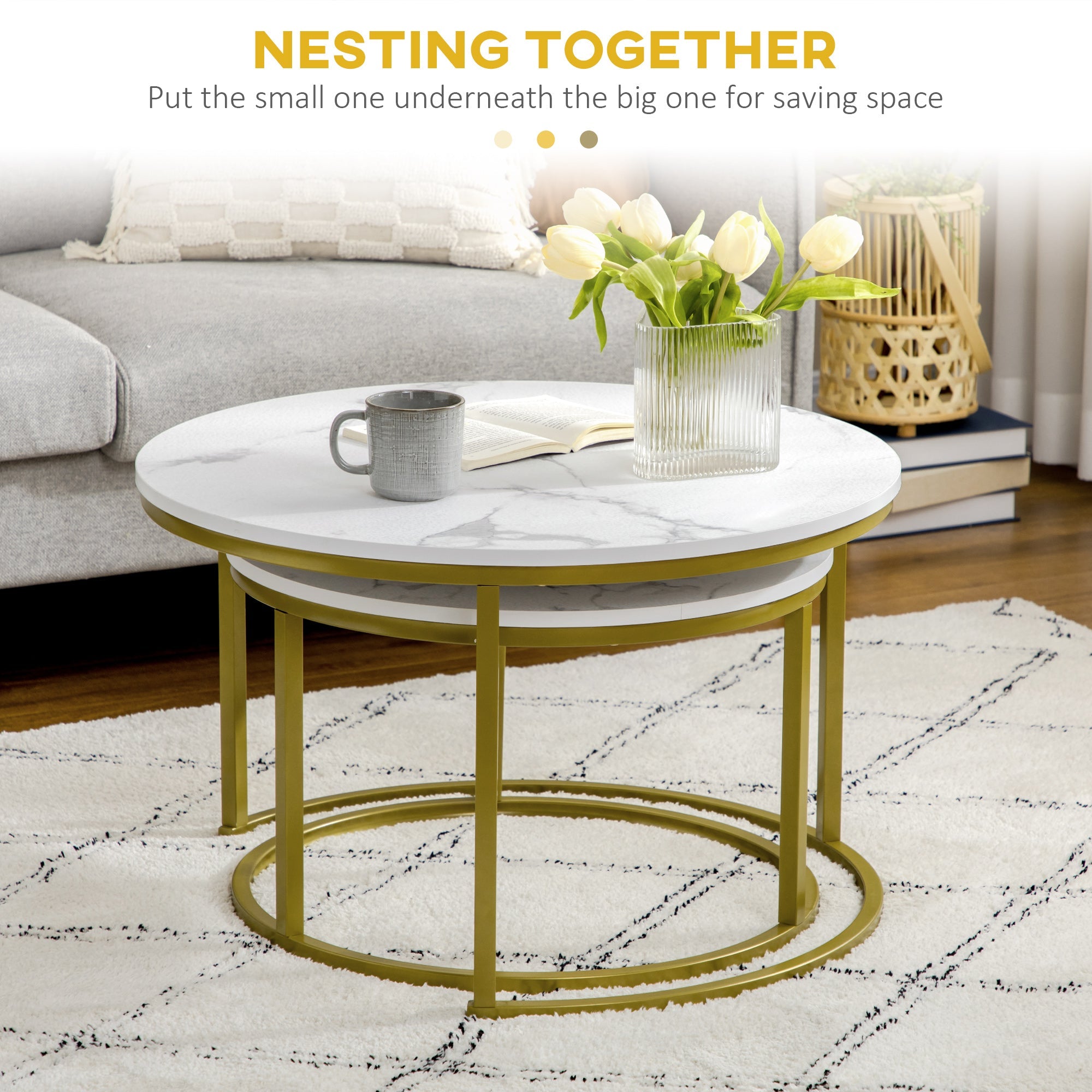 EasyComfort Set 2 Opstapelbare Ronde Bijzettafels Ø74x46.3 cm & Ø59x38.5 cm, wit en goud