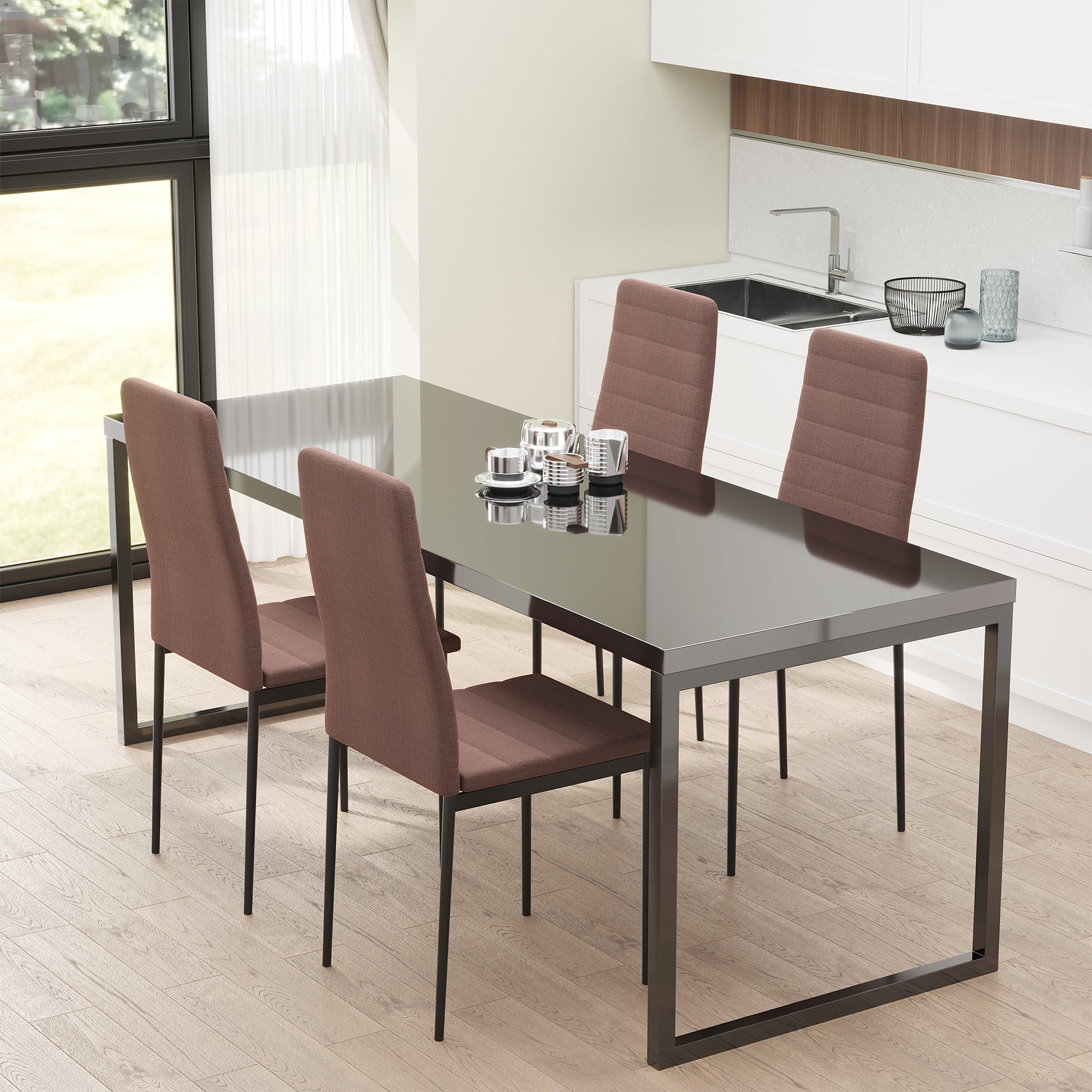 Easycomfort Set 4 Sedie Imbottite per Soggiorno o Sala da Pranzo, Sedie da Cucina Moderne, in Metallo e Tessuto Cachi
