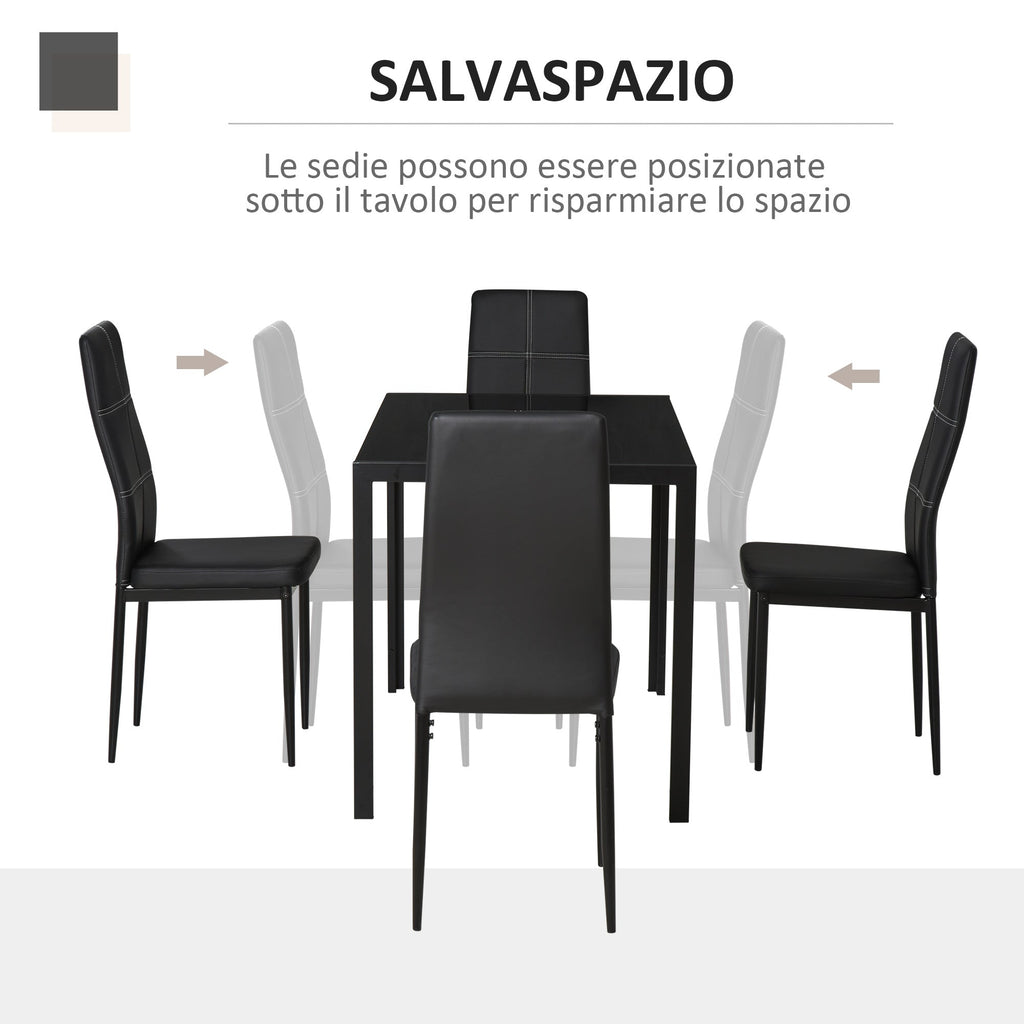 Easycomfort Set 5 Pezzi with 1 Tavolo e 4 Sedie per Cucina o Sala da Pranzo in Finta Pelle, Metallo e Vetro Temperato, black