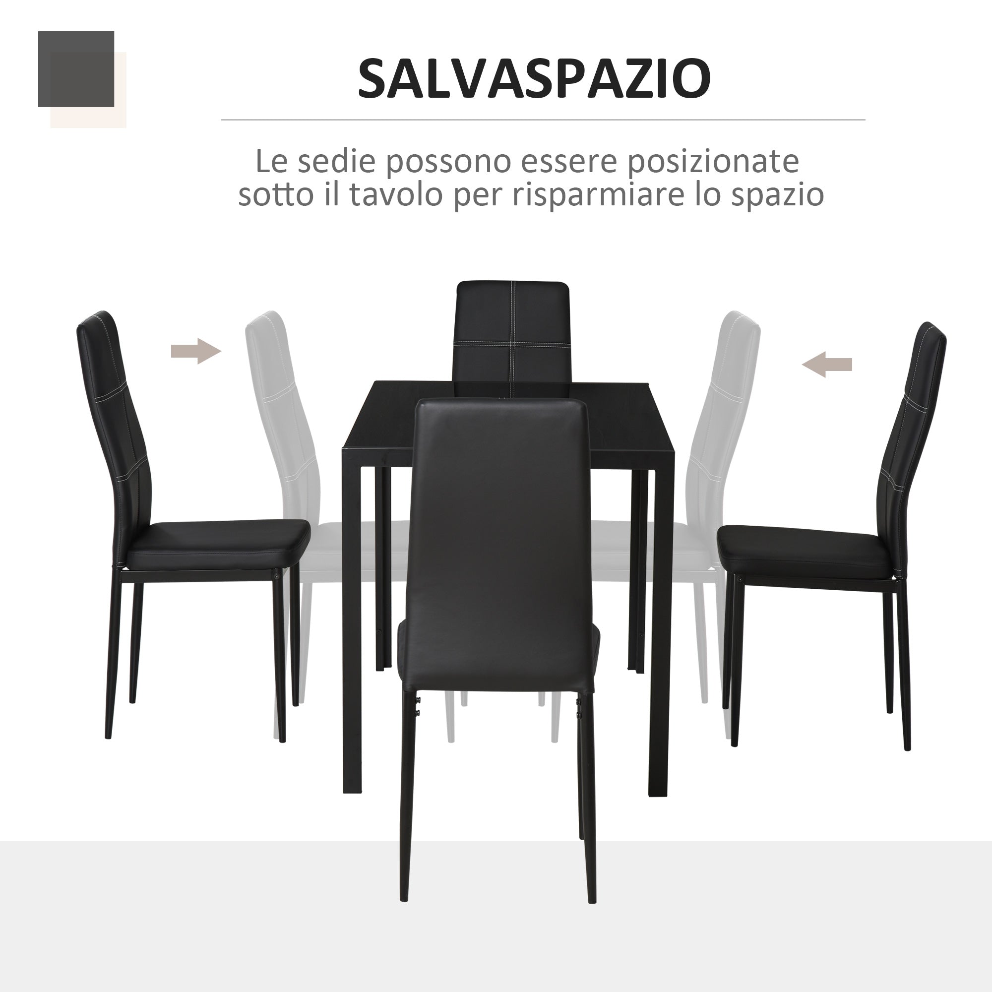 Easycomfort Set 5 Pezzi with 1 Tavolo e 4 Sedie per Cucina o Sala da Pranzo in Finta Pelle, Metallo e Vetro Temperato, black
