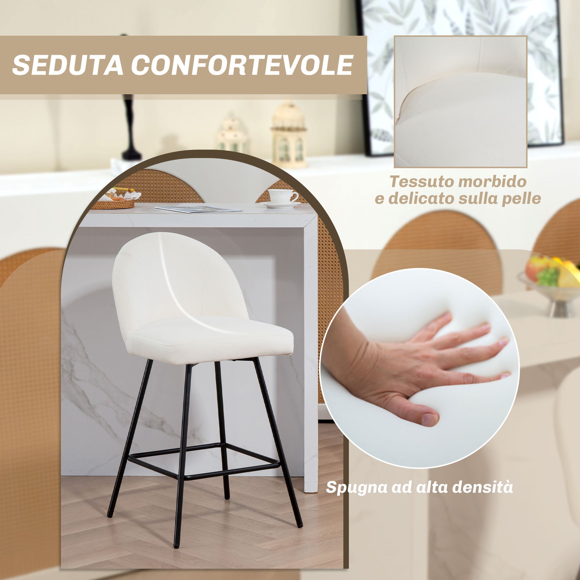 EasyComfort Set da 2 Sgabelli da Bar with Schienale in Velluto e Poggiapiedi in Acciaio, white Crema
