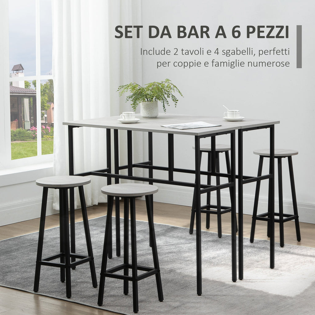 Easycomfort Set da Bar 6 Pezzi with 4 Sgabelli da Bar e 2 Tavoli Alti in Legno Truciolato e Acciaio per Cucina e Soggiorno, Grigio