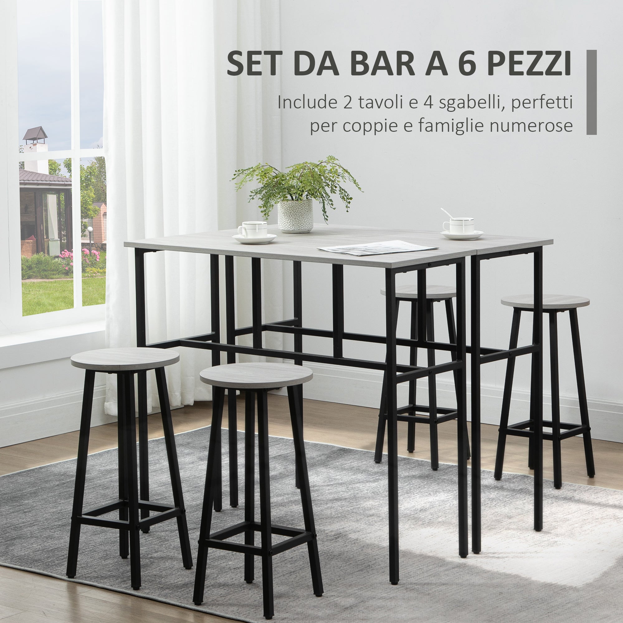 Easycomfort Set da Bar 6 Pezzi with 4 Sgabelli da Bar e 2 Tavoli Alti in Legno Truciolato e Acciaio per Cucina e Soggiorno, Grigio