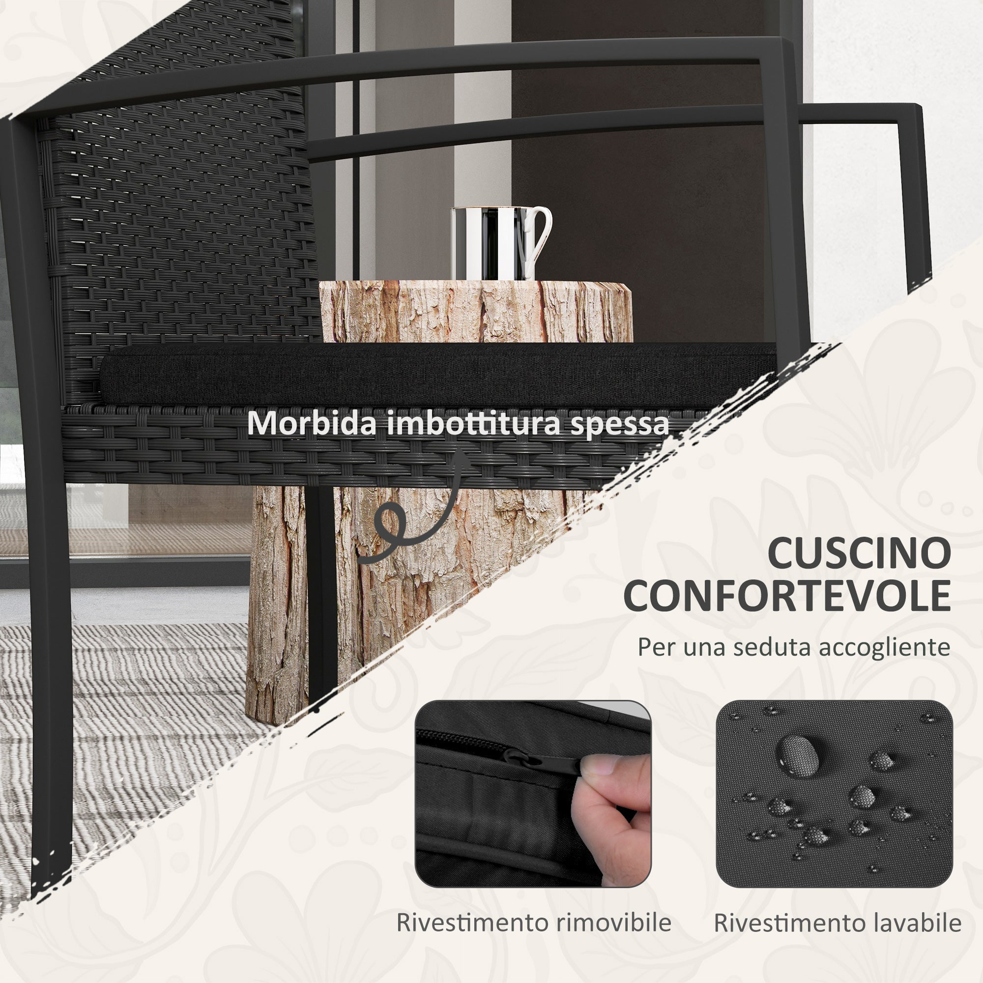 EasyComfort Set da Giardino 3 Pezzi with 2 Sedie with Cuscini e Tavolino with Piano in Vetro, Effetto Rattan black