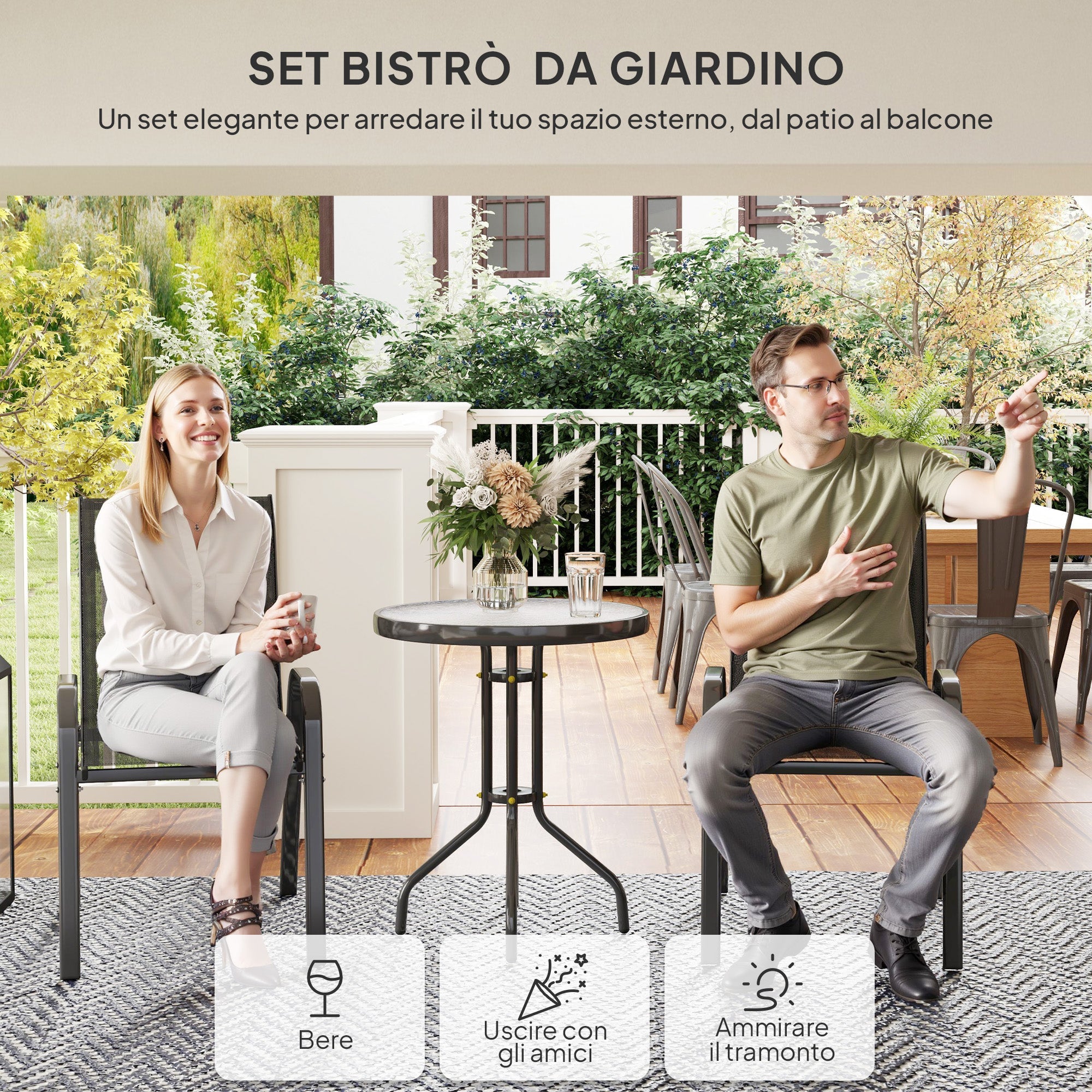 EasyComfort Set da Giardino 3 Pezzi with 2 Sedie da Giardino 54x71x93 cm e Tavolino Rotondo Ø60x71 cm in Acciaio black