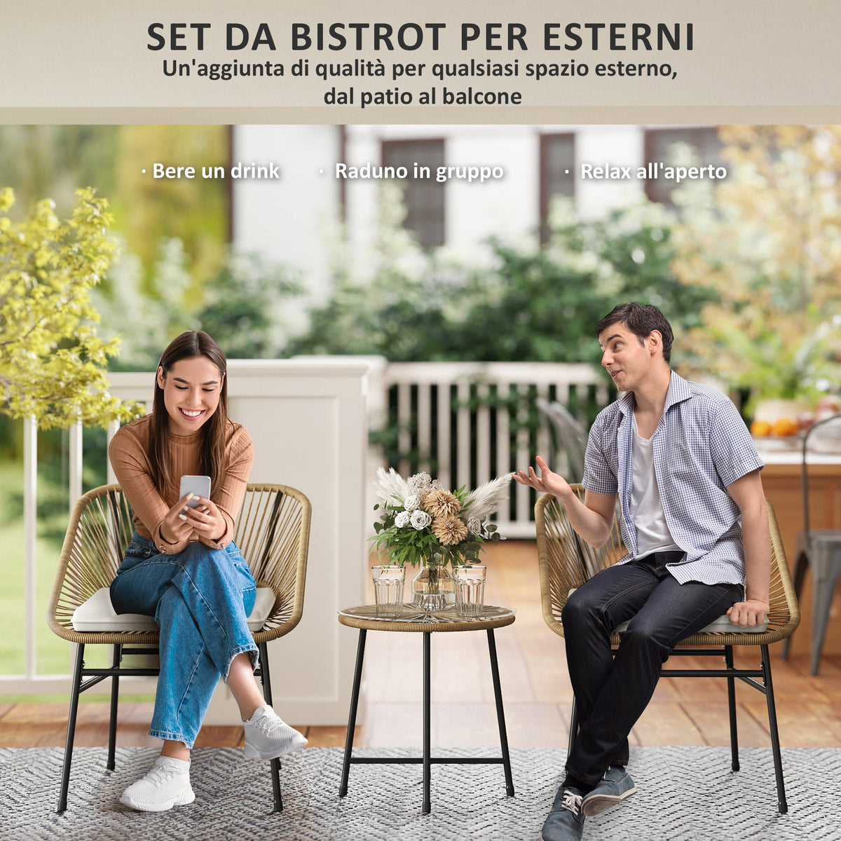 EasyComfort 3-delig tuinset rattan PE met 2 stoelen en rond tafeltje