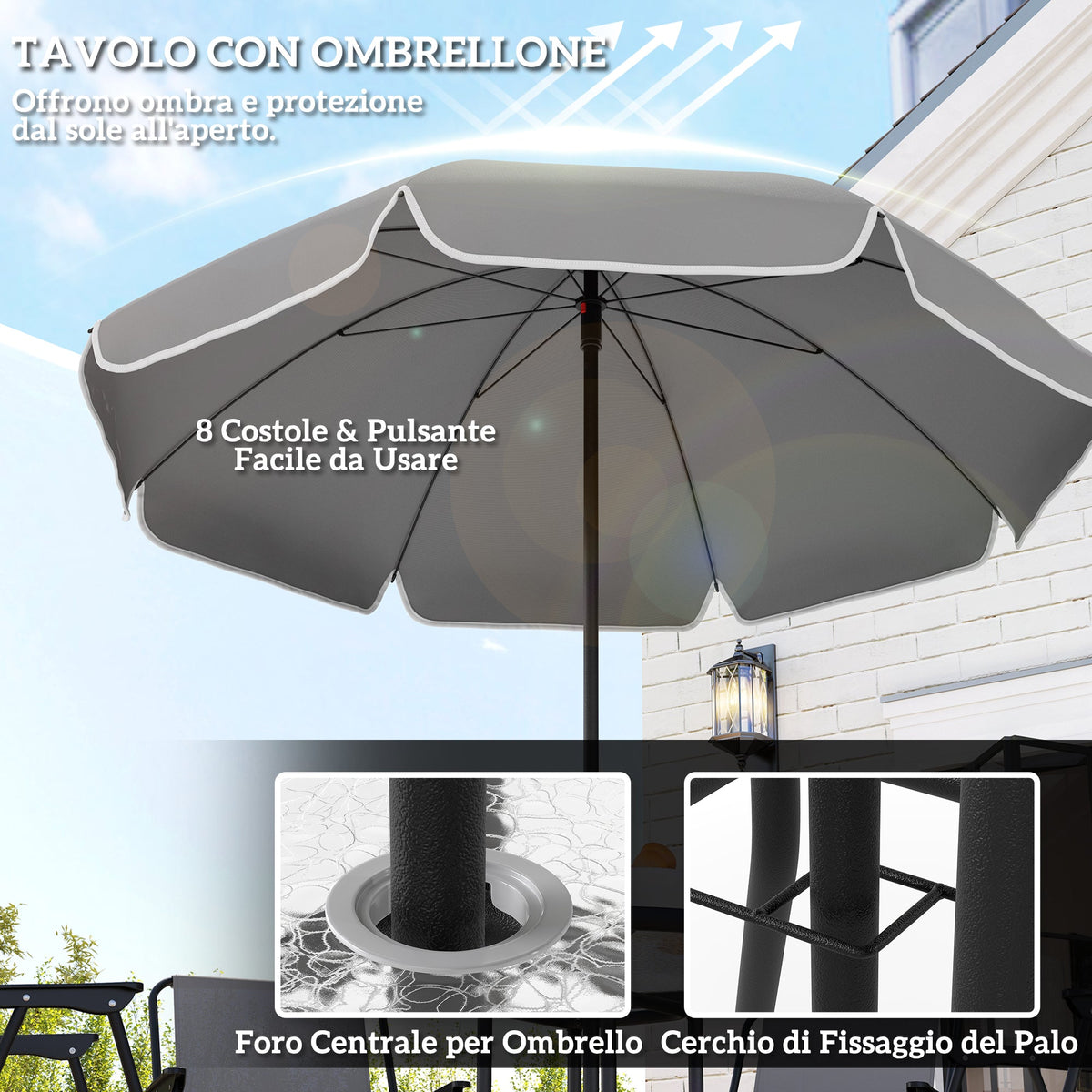 EasyComfort Set 6-delig Tuinset staal Ø80 cm tafel + 4 klapstoelen + parasol