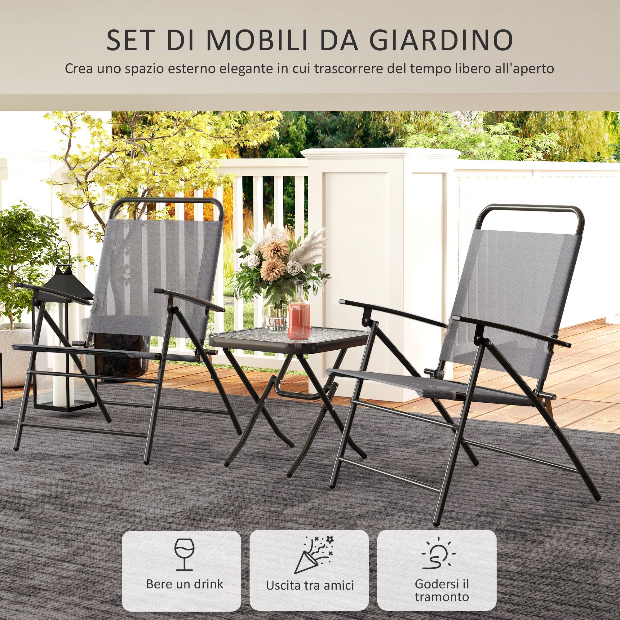 EasyComfort Set da Giardino with Tavolo with Piano in Vetro e 2 Sedie Pieghevoli with Schienale Regolabile, Grigio