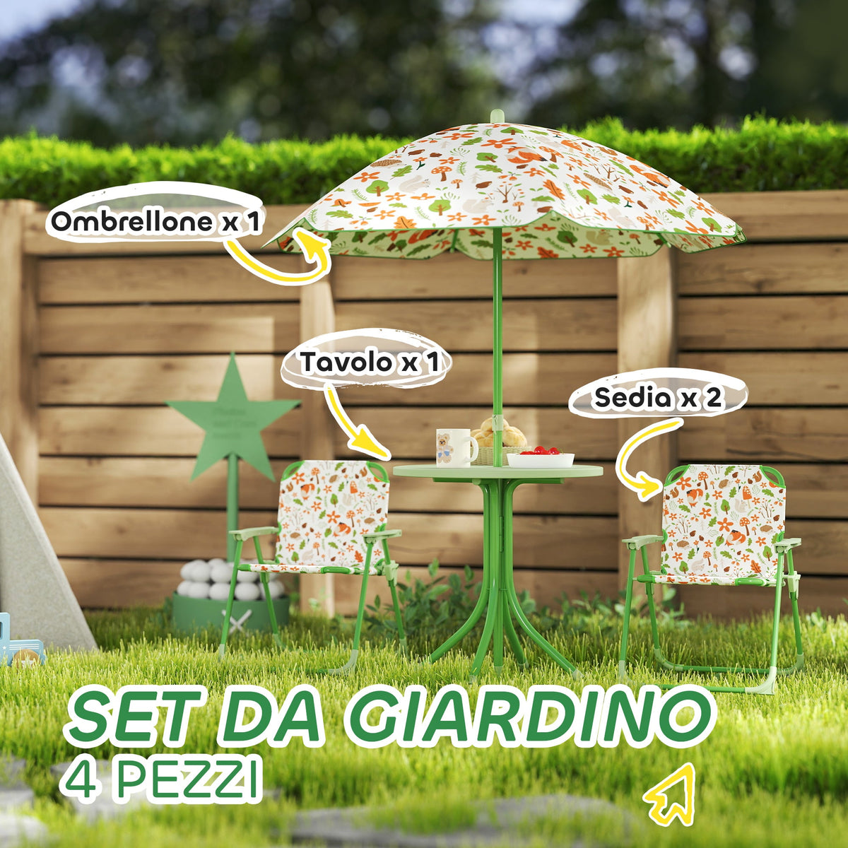 EasyComfort tuinset kinderen 2–5 jaar, ronde tafel, 2 inklapbare stoelen & parasol, groen